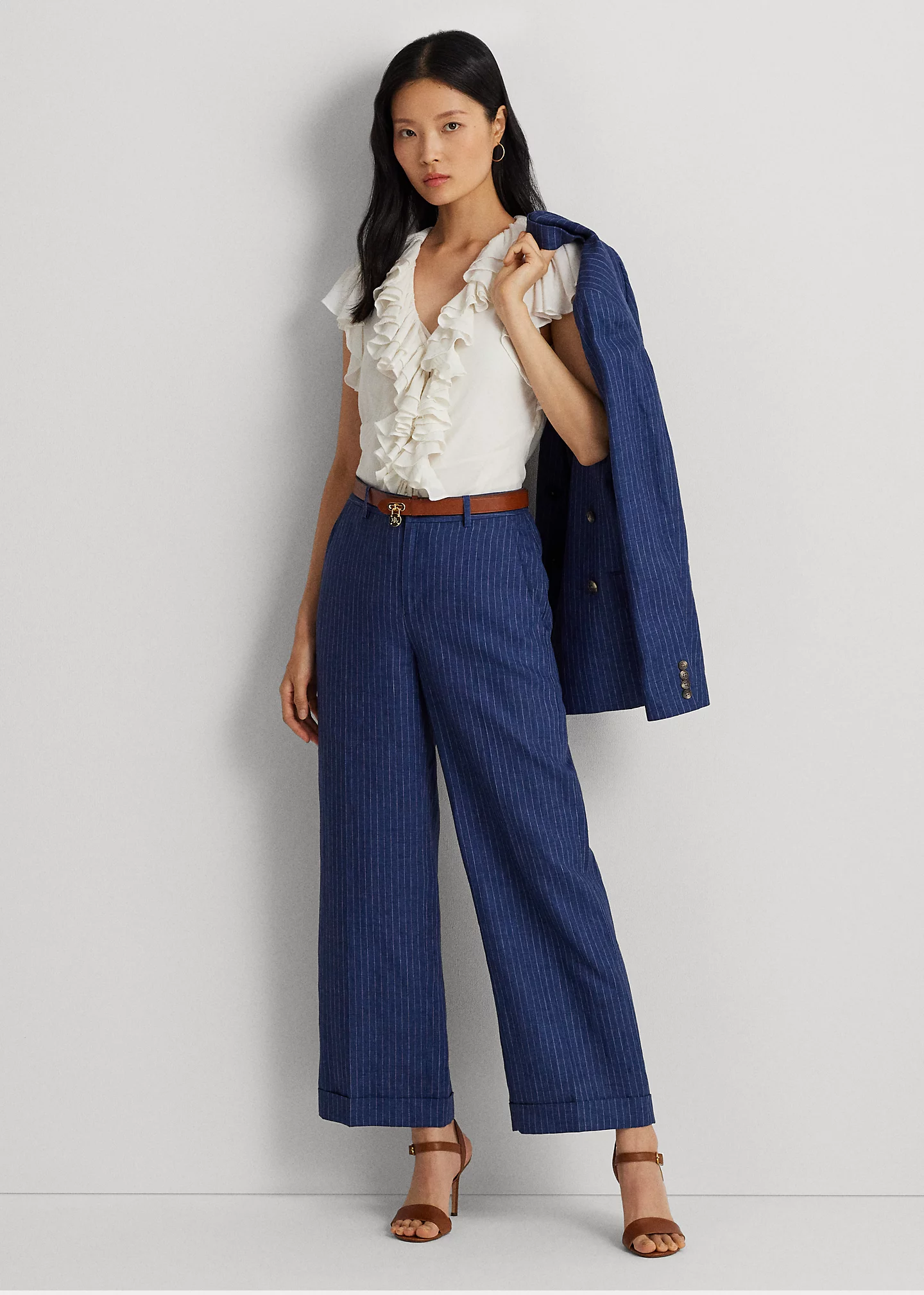 Pinstripe Linen Wide-Leg Cropped Pant