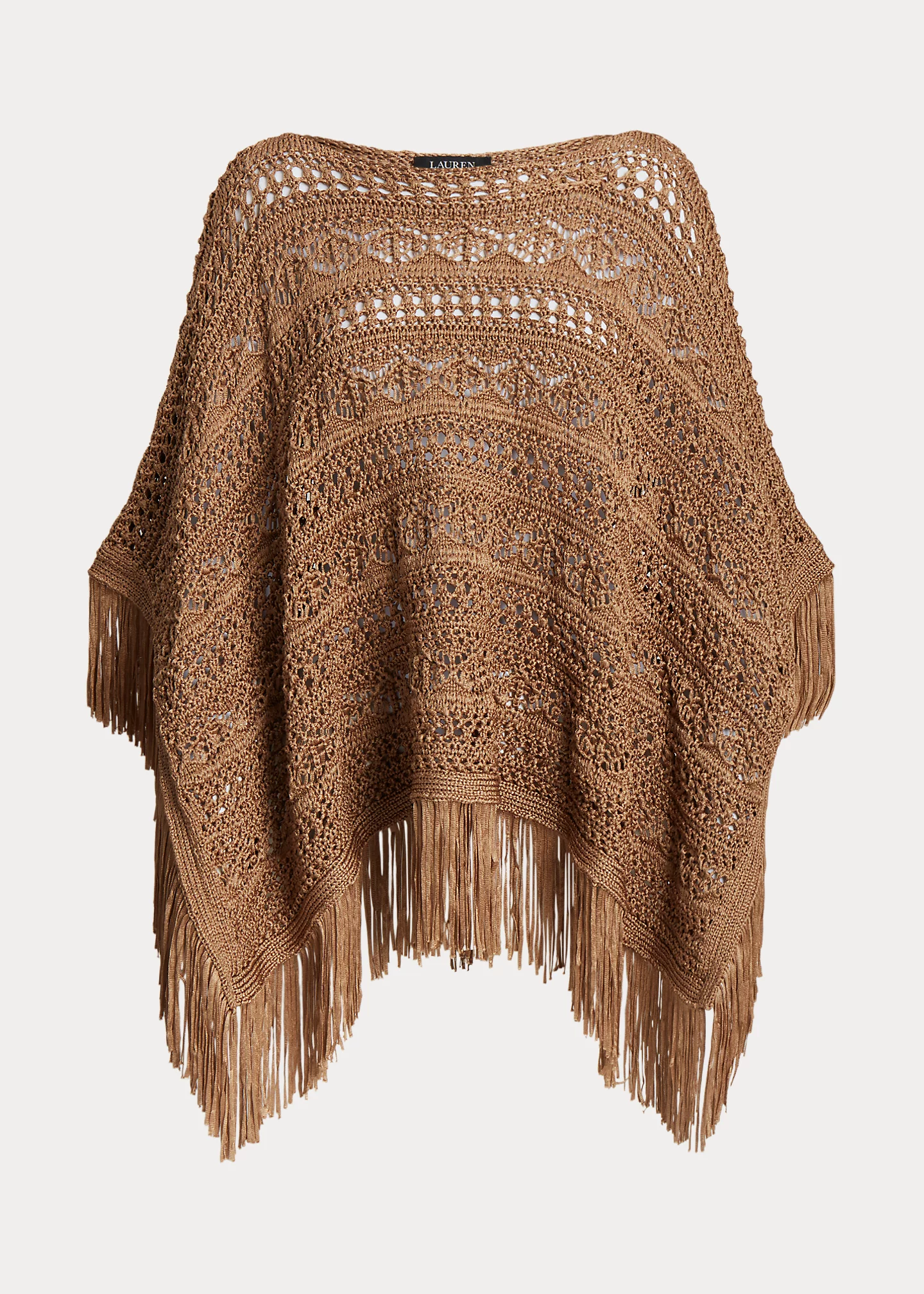 Fringe-Trim Pointelle-Knit Poncho