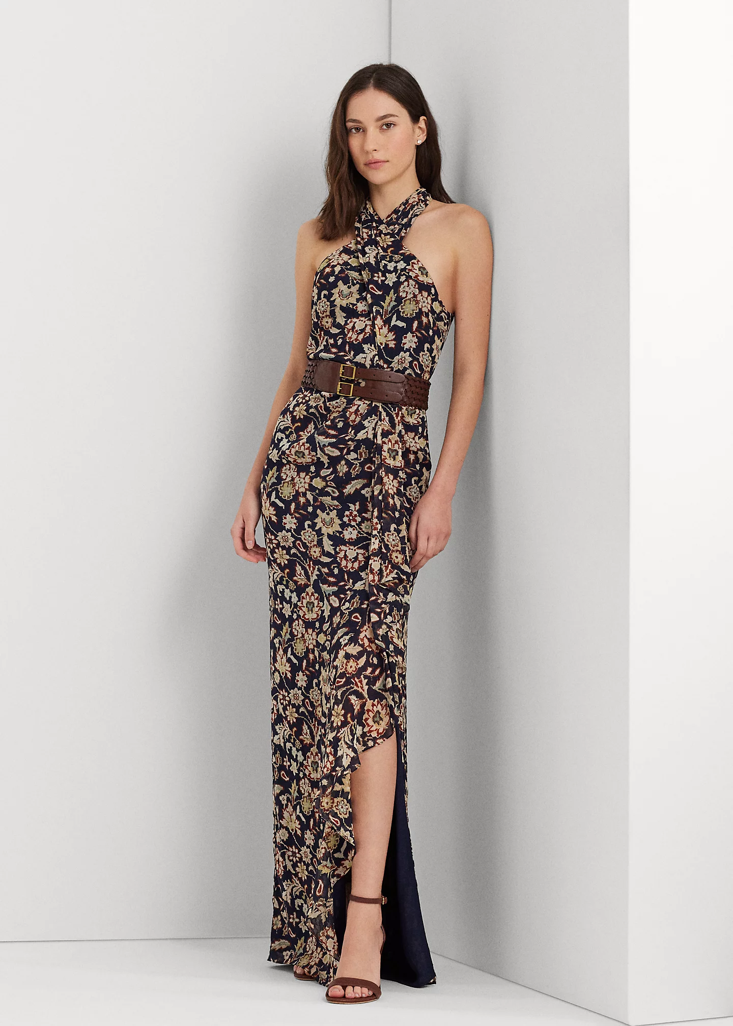 Floral Ruffle-Trim Georgette Halter Gown