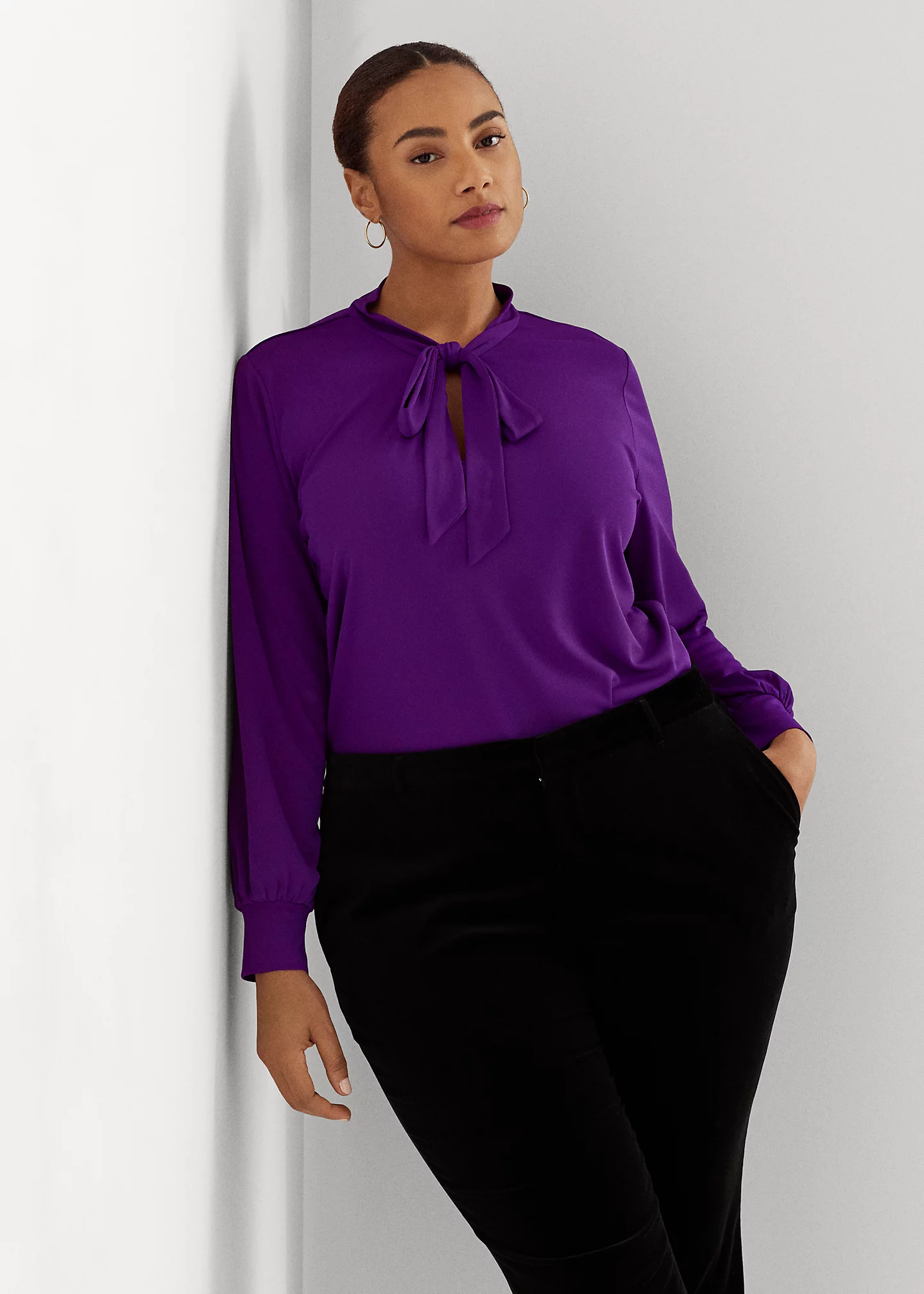 Stretch Jersey Tie-Neck Top