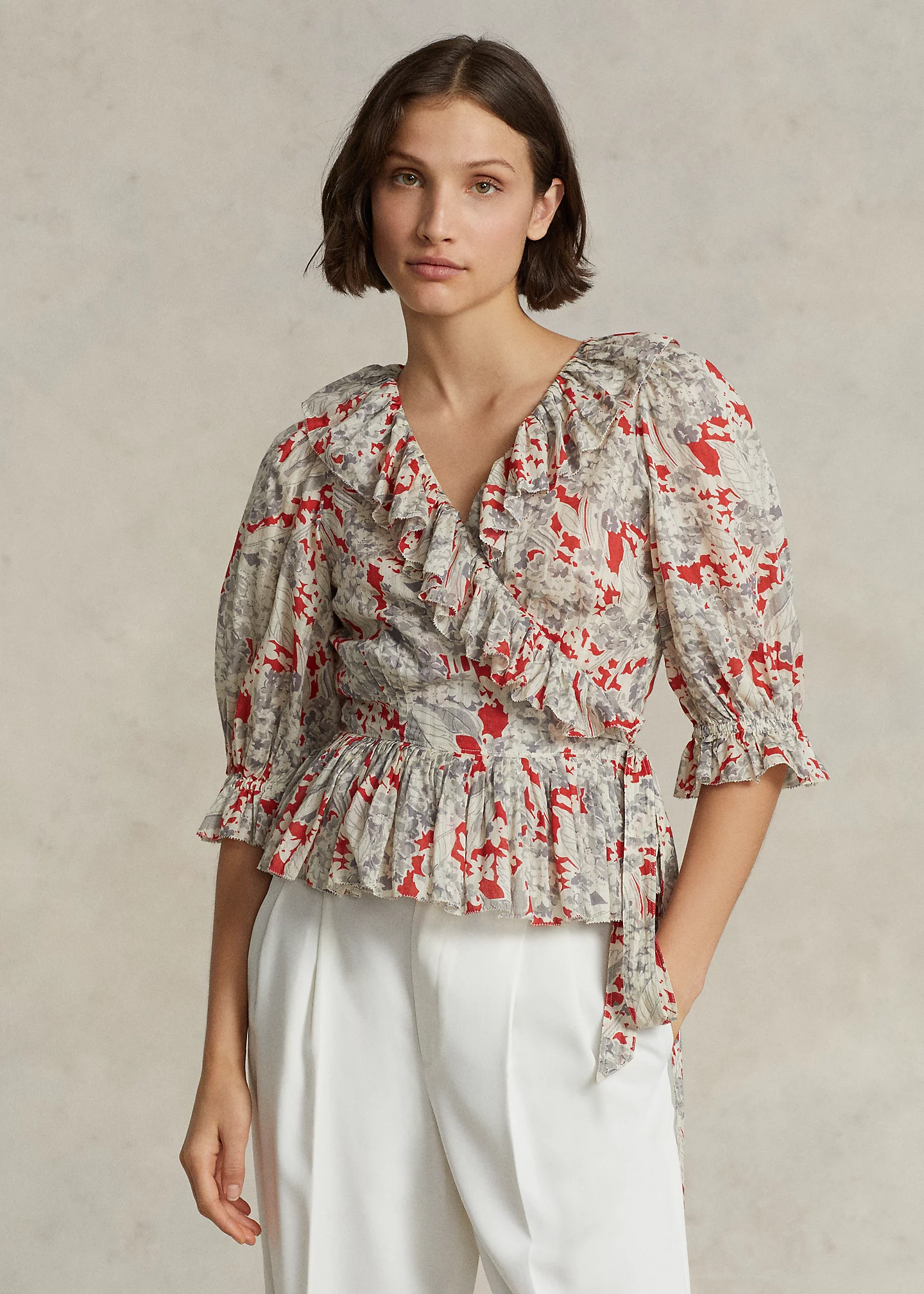 Ruffled Floral Cotton Wrap Top