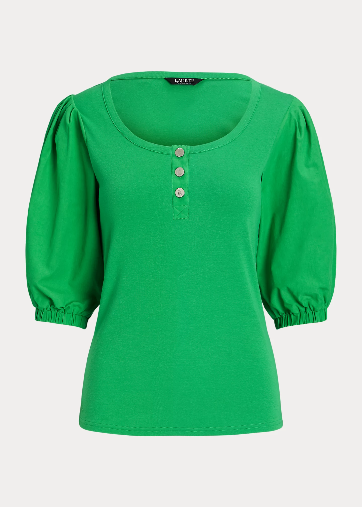 Stretch Cotton Puff-Sleeve Henley Tee