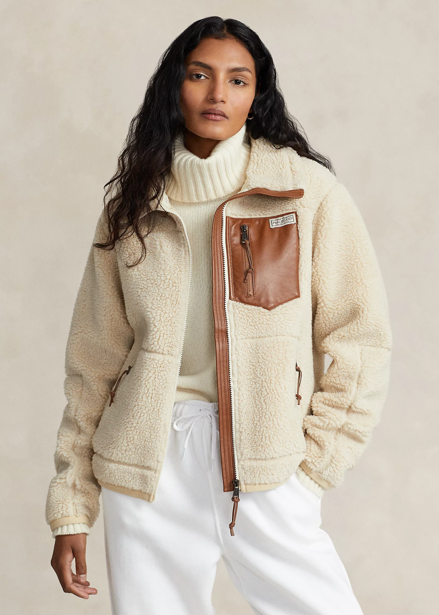 Leather-Trim High-Pile Fleece Jacket