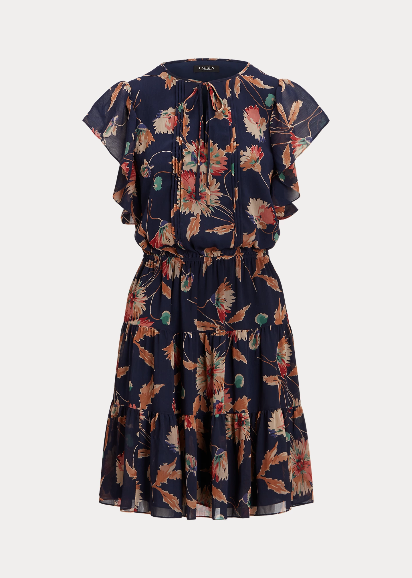 Floral Crinkle Georgette Tie-Neck Dress