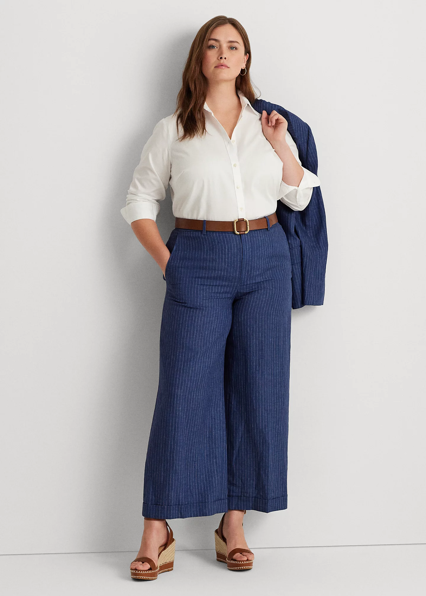 Pinstripe Linen Wide-Leg Cropped Pant
