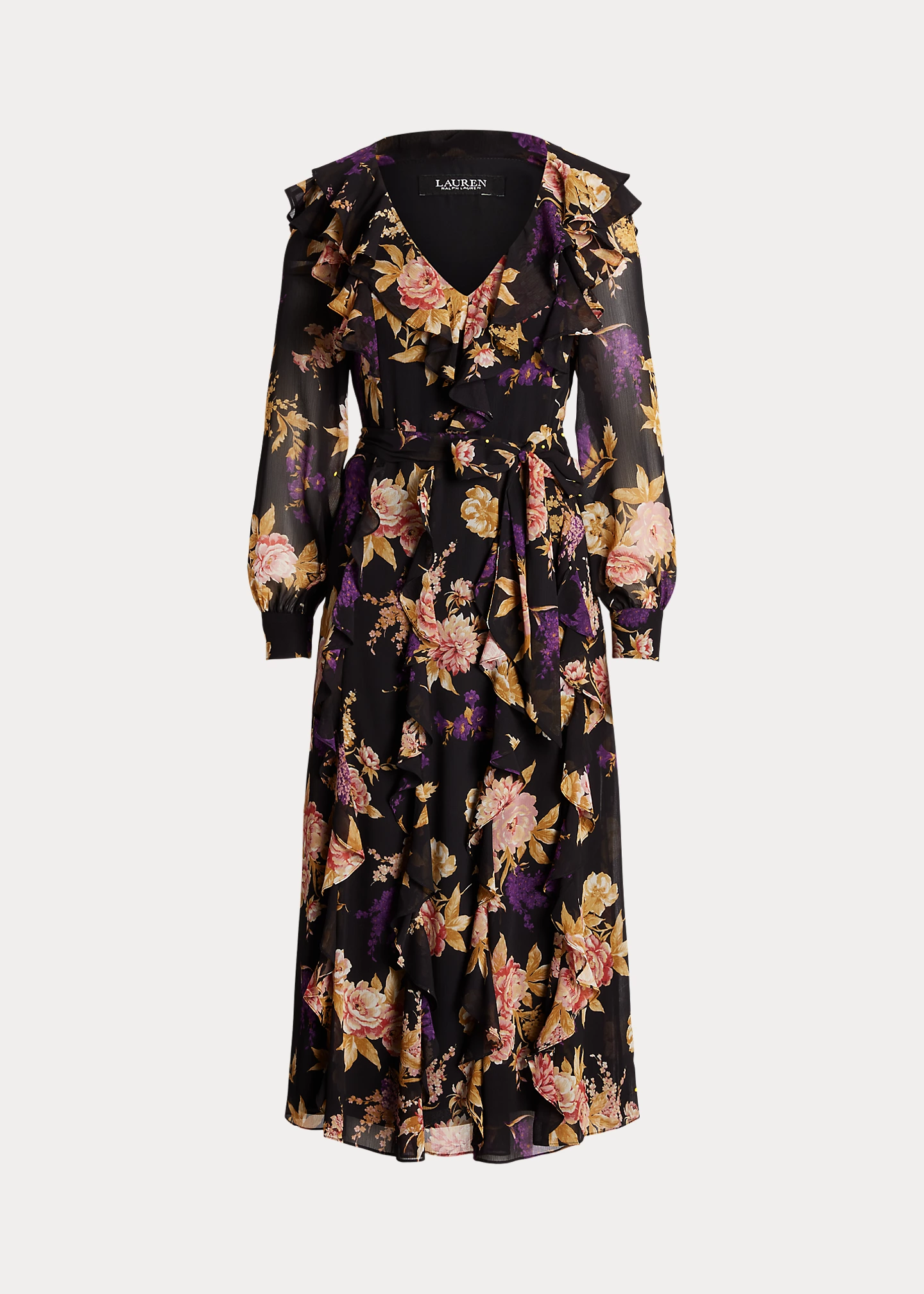 Floral Ruffle-Trim Georgette Dress