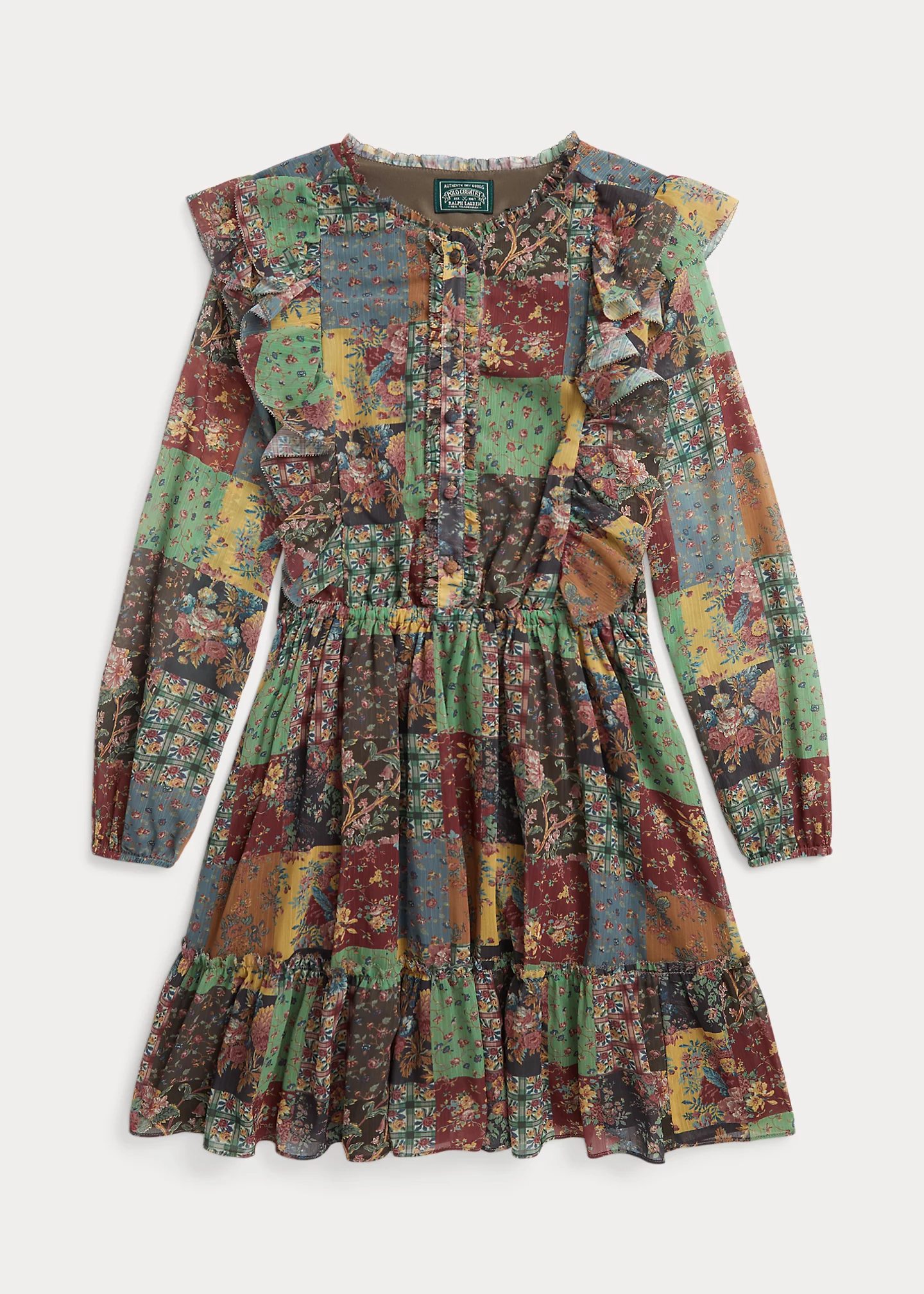 Patchwork-Print Ruffled Chiffon Dress
