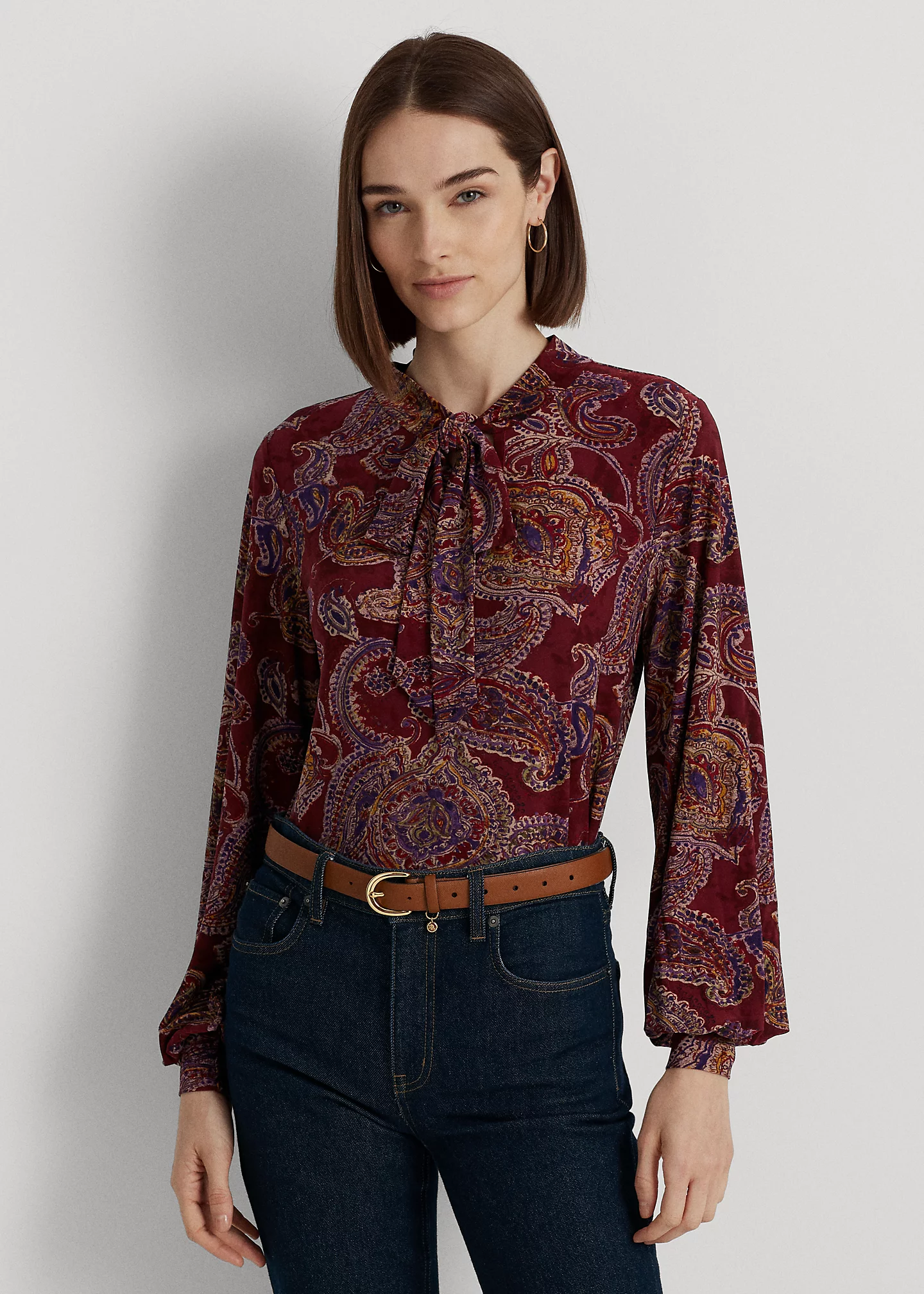 Paisley Tie-Neck Stretch Jersey Top