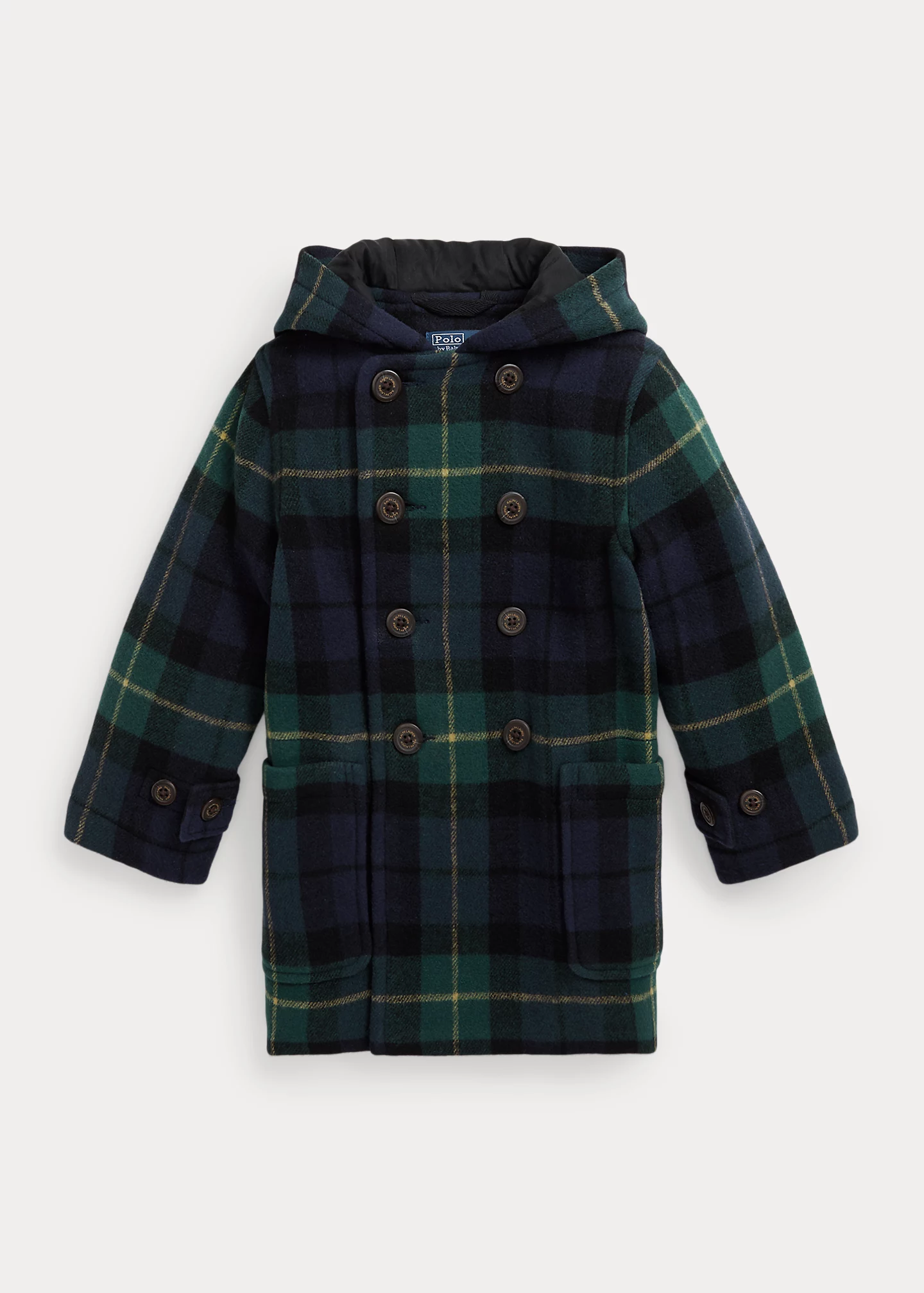 Plaid Wool-Blend Hooded Peacoat