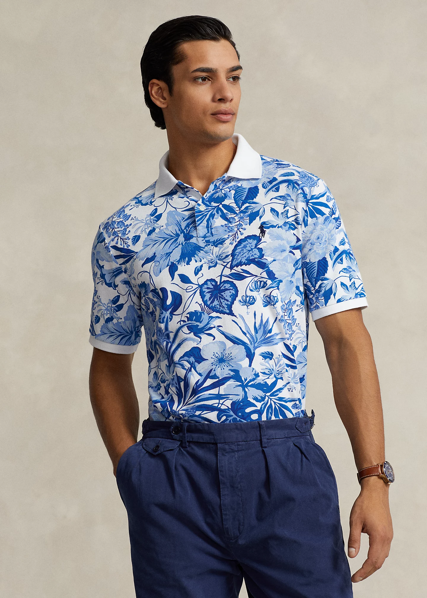 Classic Fit Floral-Print Mesh Polo Shirt