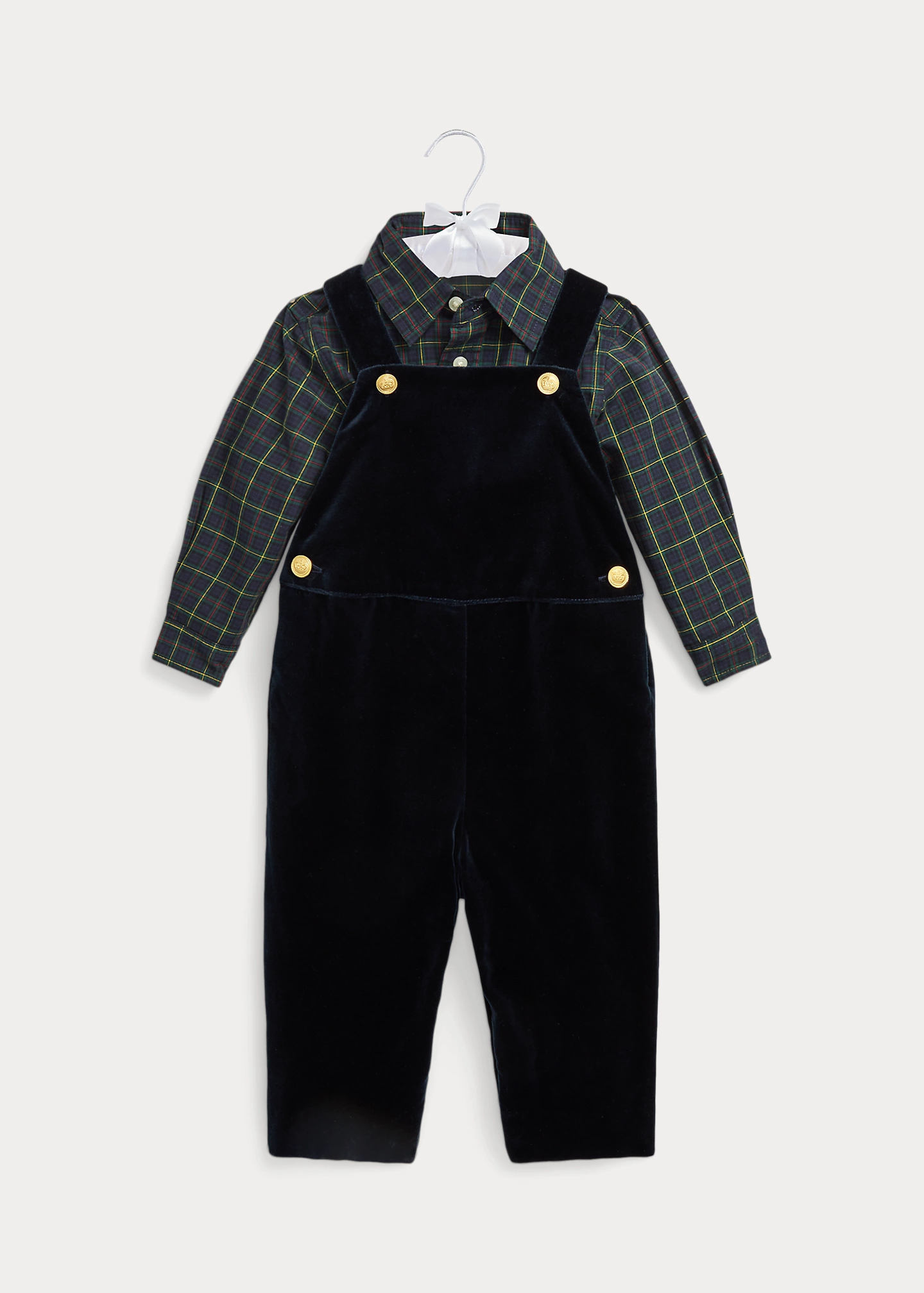 Plaid Cotton Shirt & Velvet Overall Set
