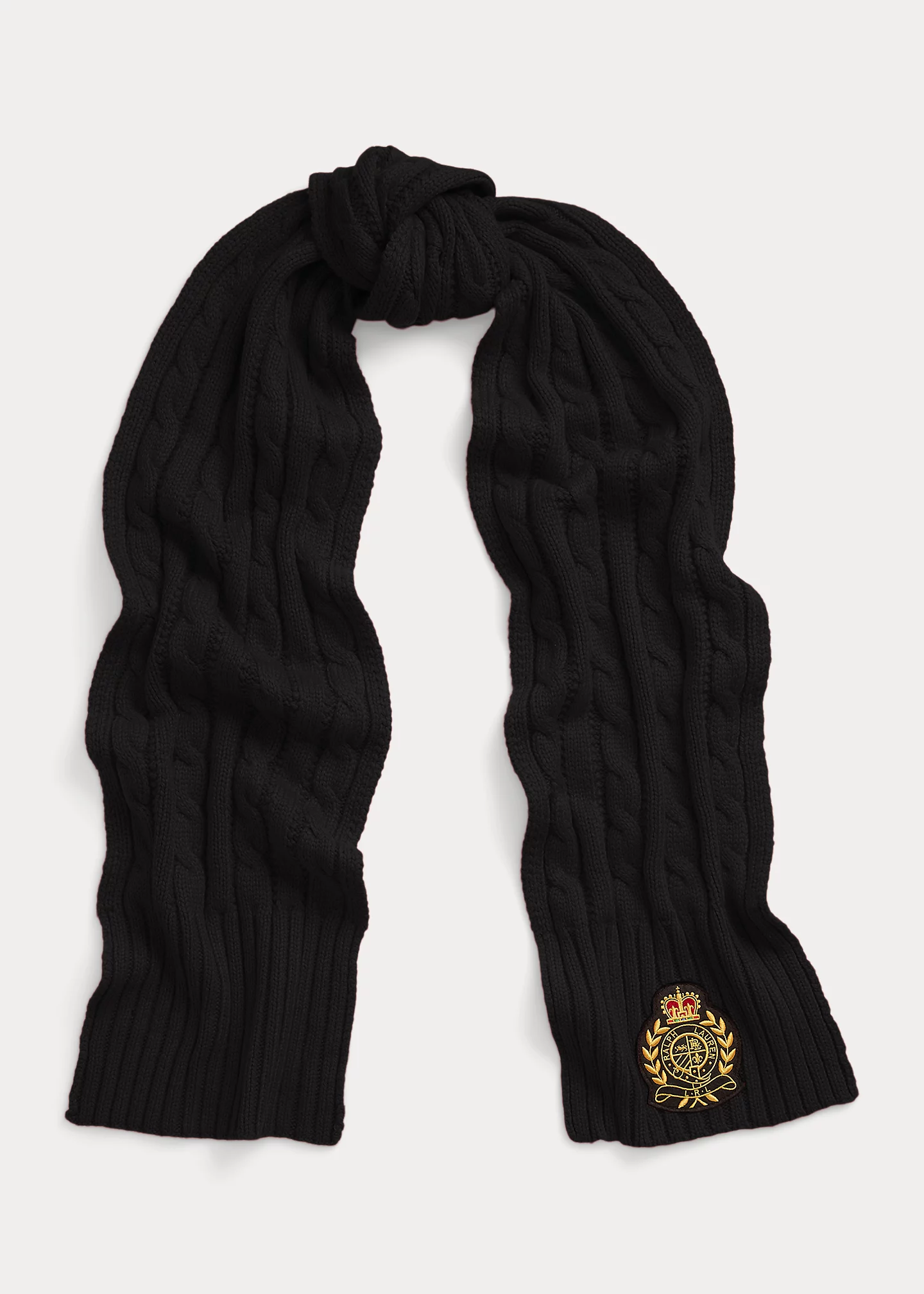 Crest-Patch Cable-Knit Scarf