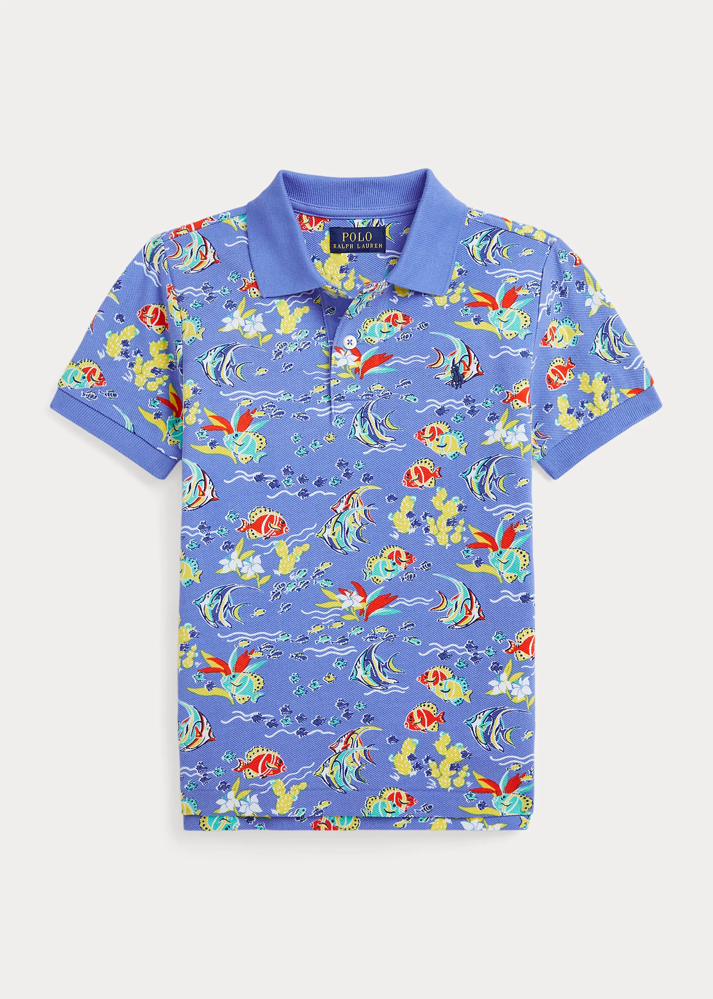 Fish-Print Cotton Mesh Polo Shirt