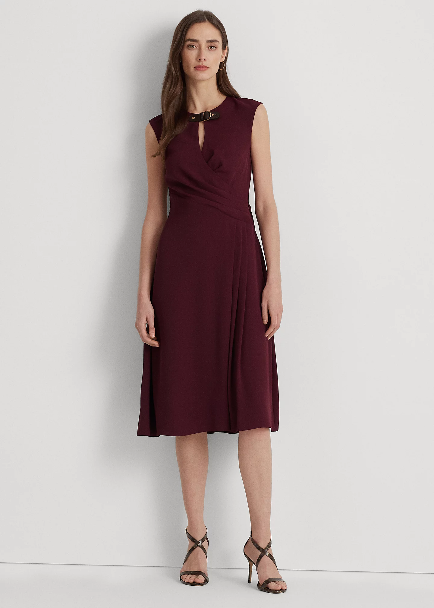 Buckle-Trim Georgette Cap-Sleeve Dress
