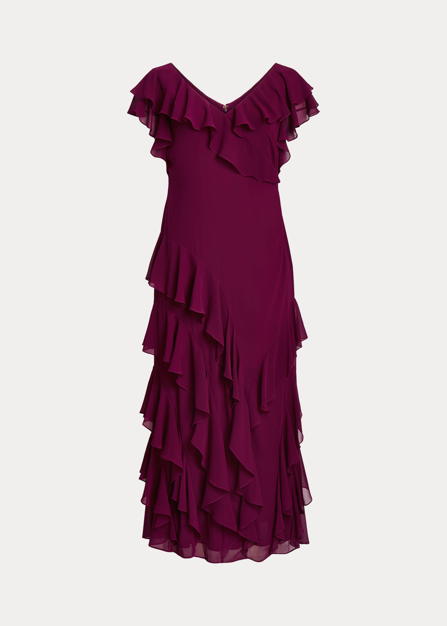 Ruffle-Trim Crinkle Georgette Gown