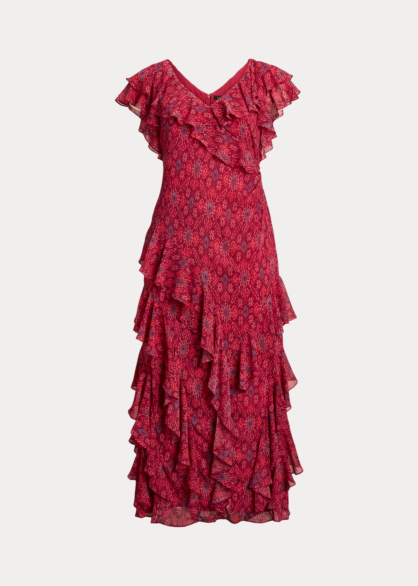 Geo-Print Ruffle-Trim Georgette Gown
