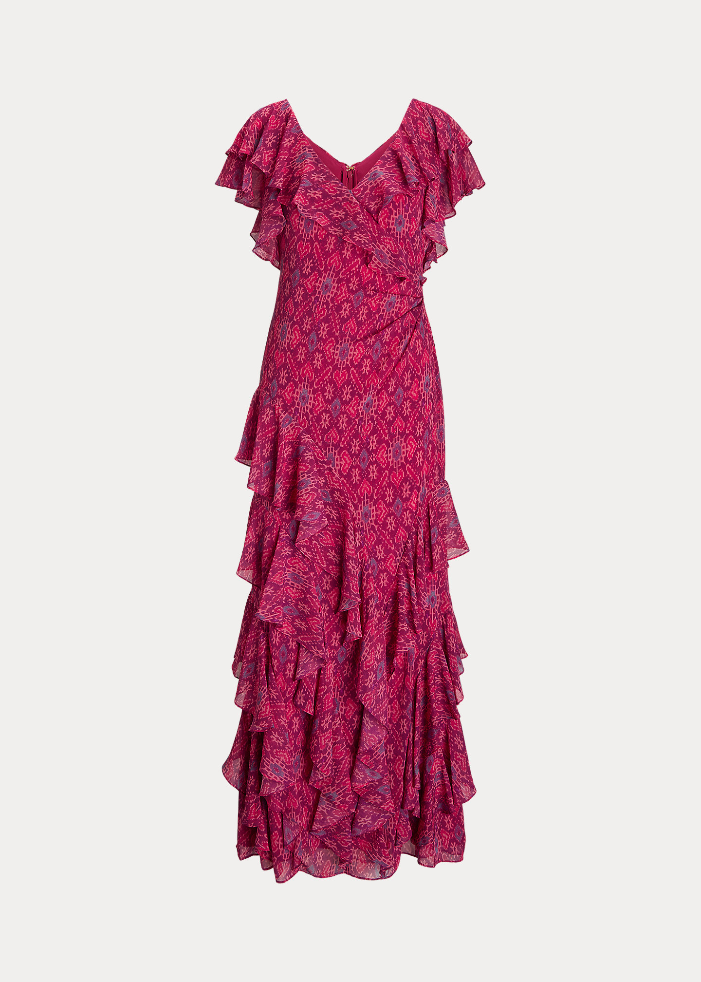 Geo-Print Ruffle-Trim Georgette Gown