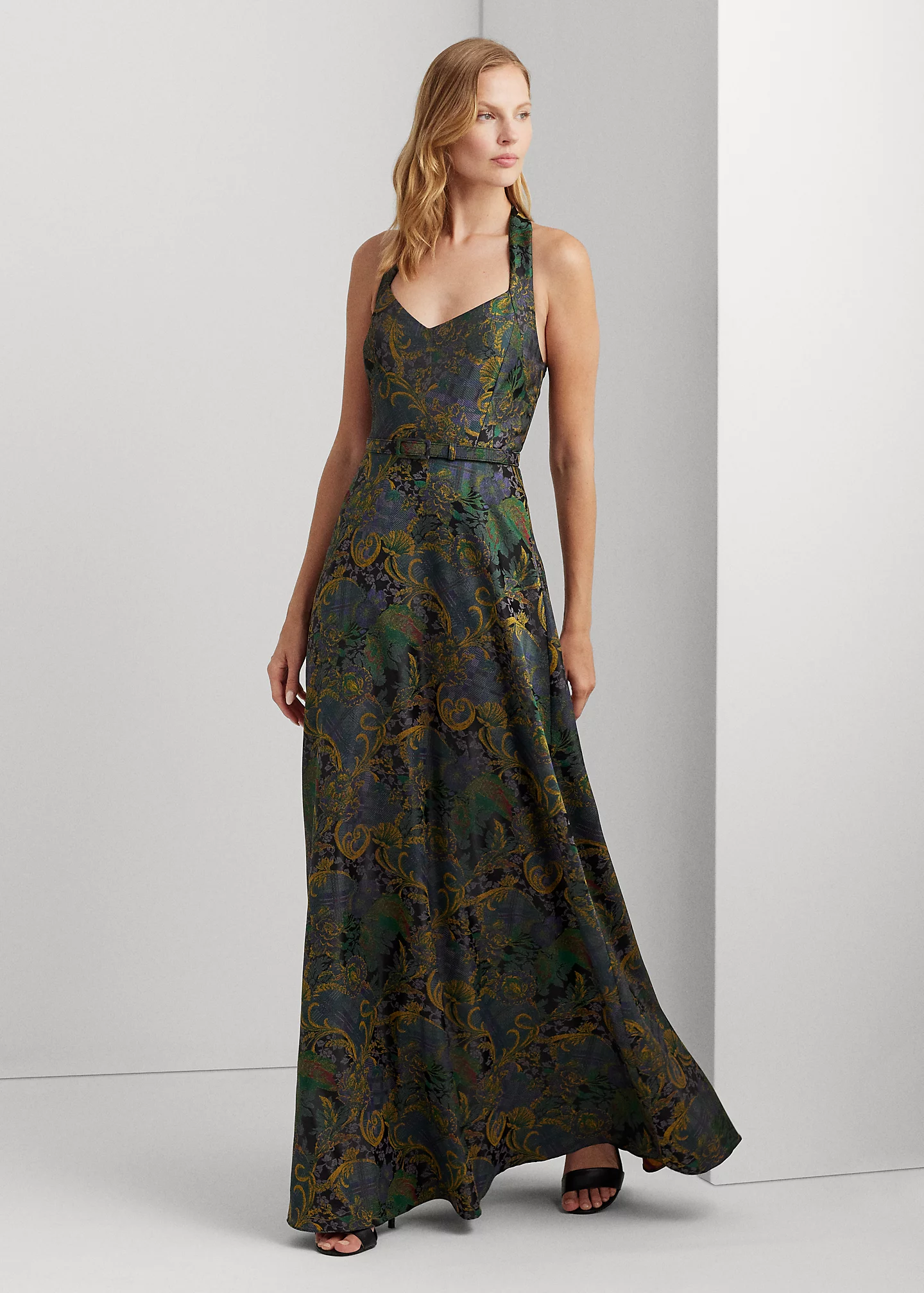 Mixed-Motif Belted Jacquard Halter Gown