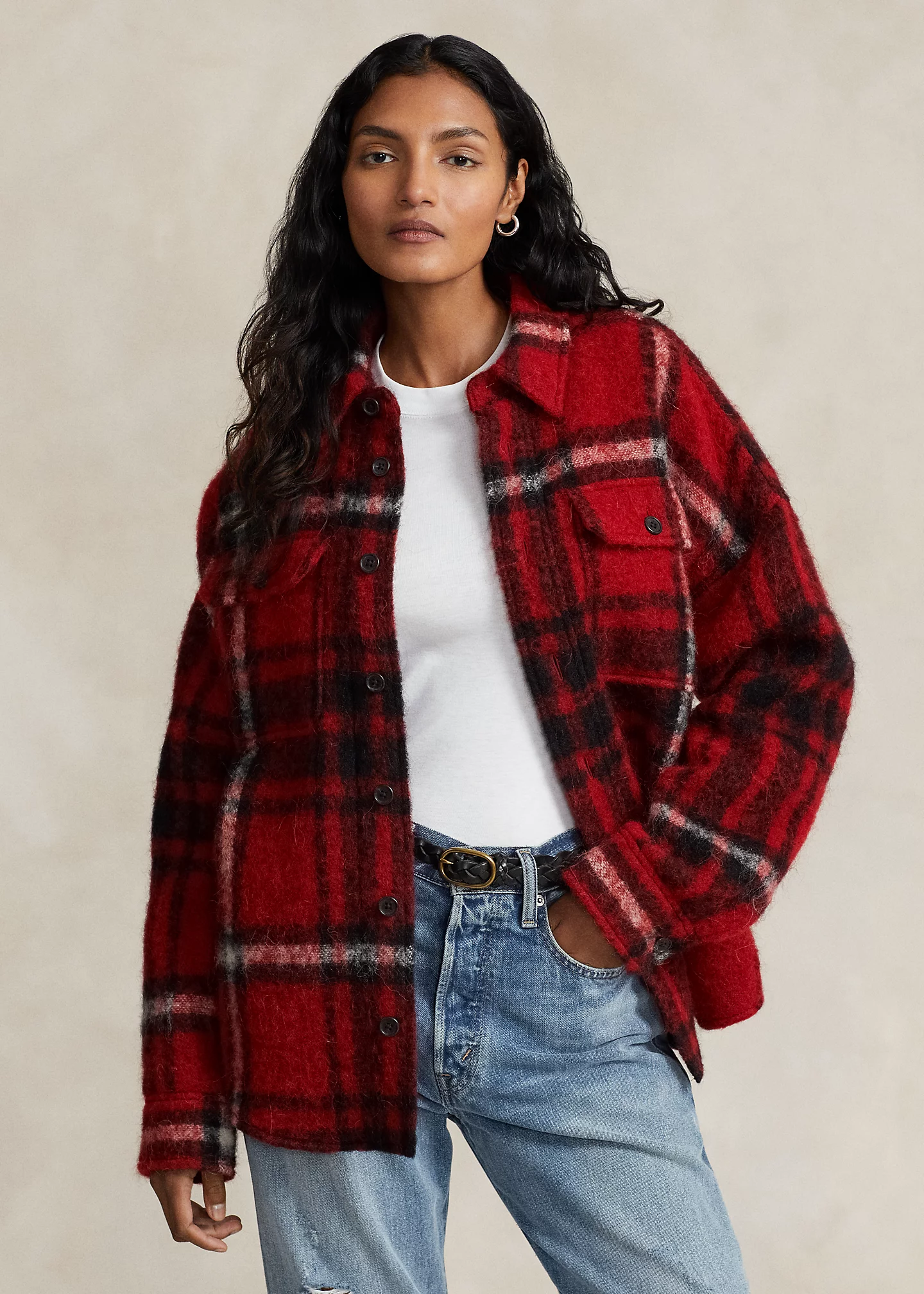 Oversize Fit Plaid Wool-Blend Shirt