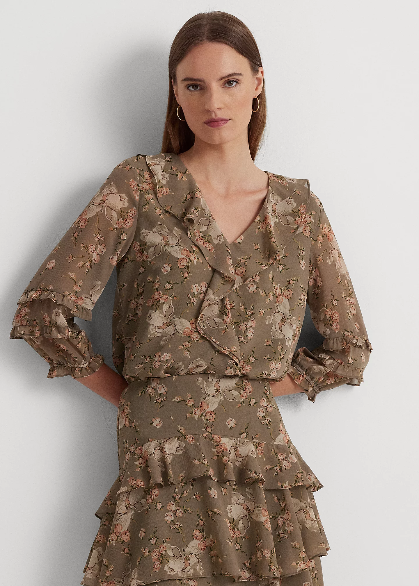 Floral Ruffle-Trim Georgette Blouse