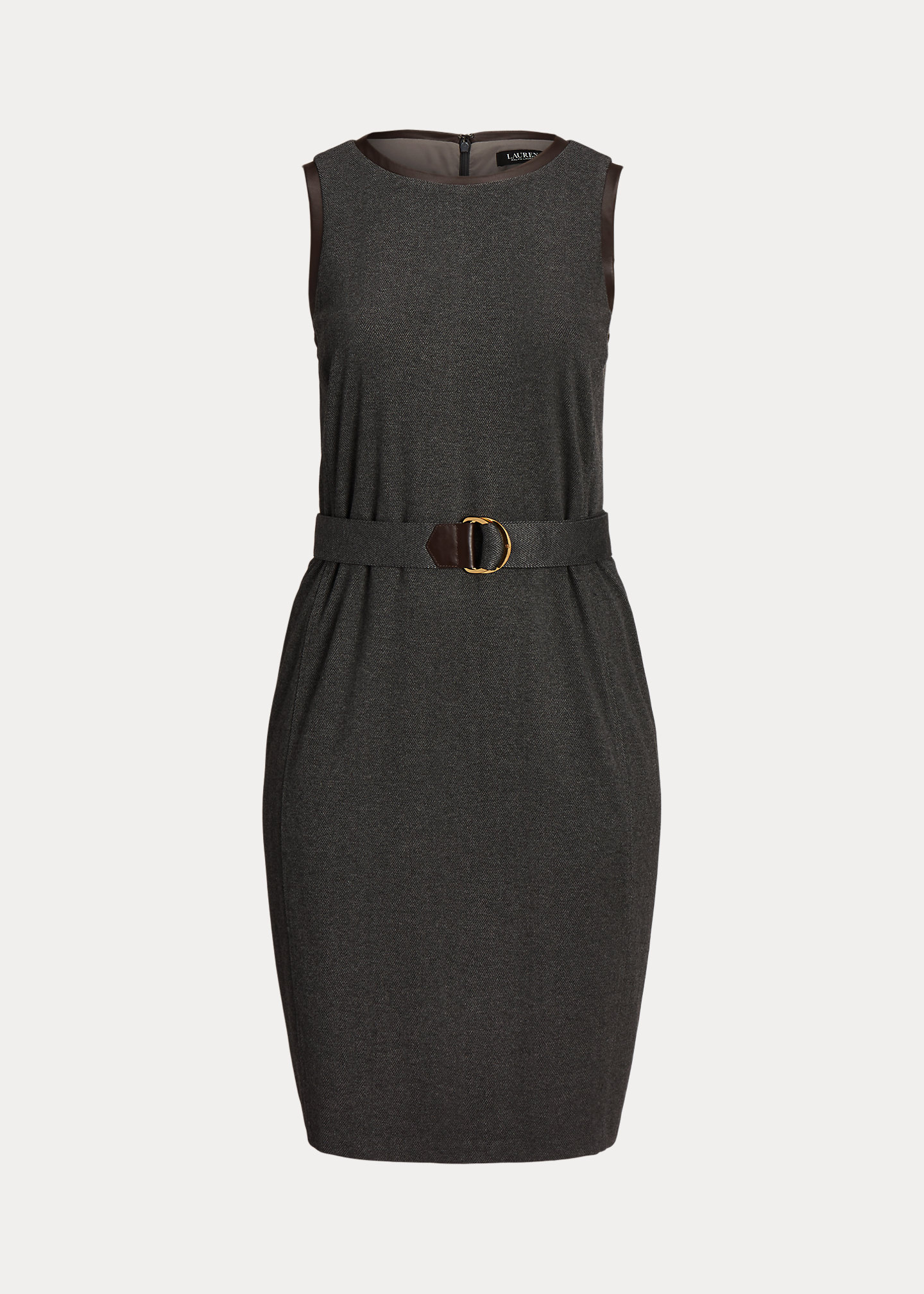 Faux-Leather-Trim Belted Jacquard Dress