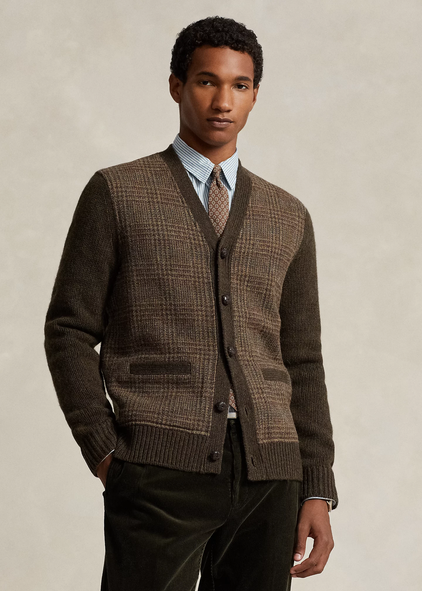 Glen Plaid Paneled Wool Cardigan