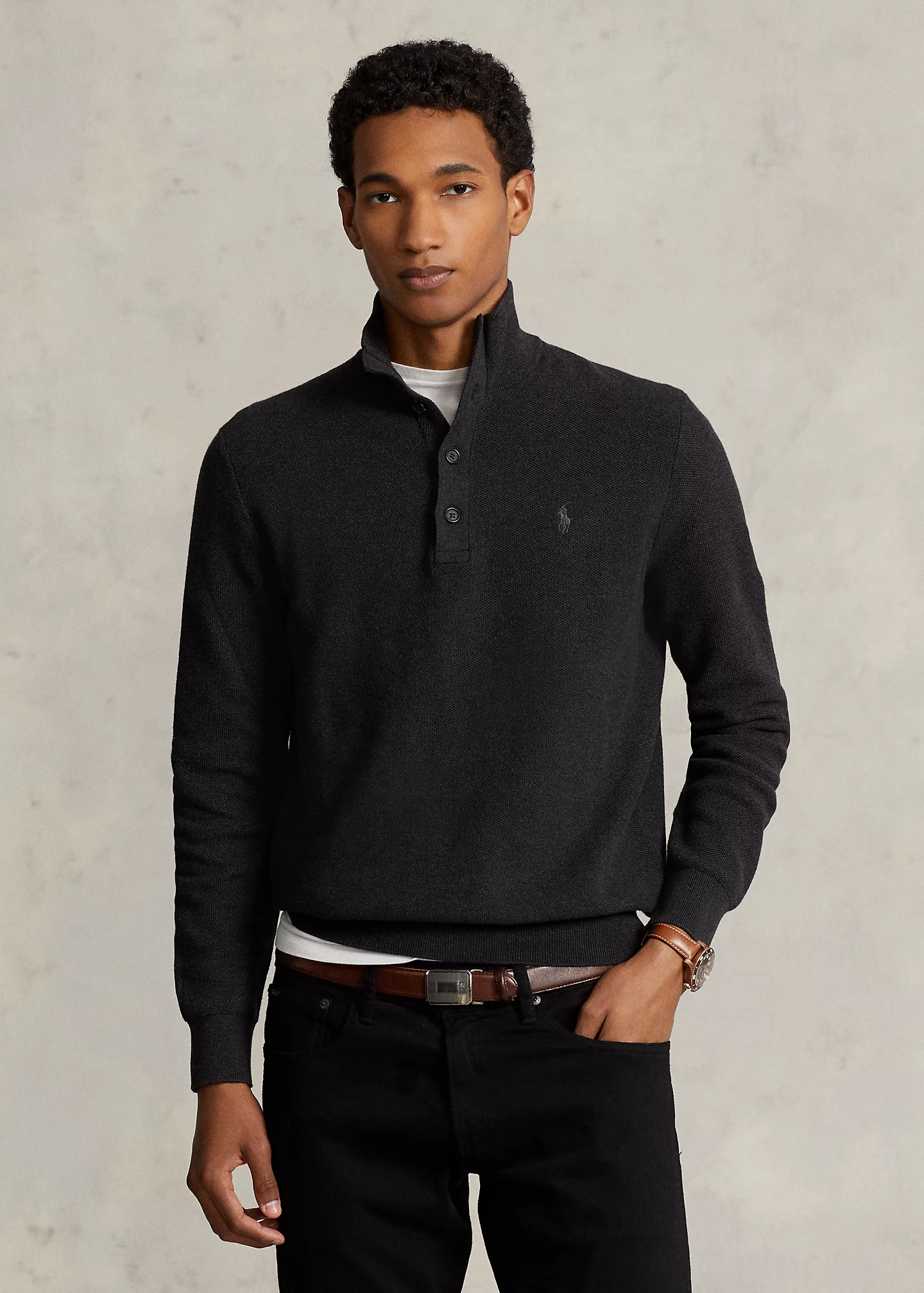 Mesh-Knit Cotton Mockneck Sweater