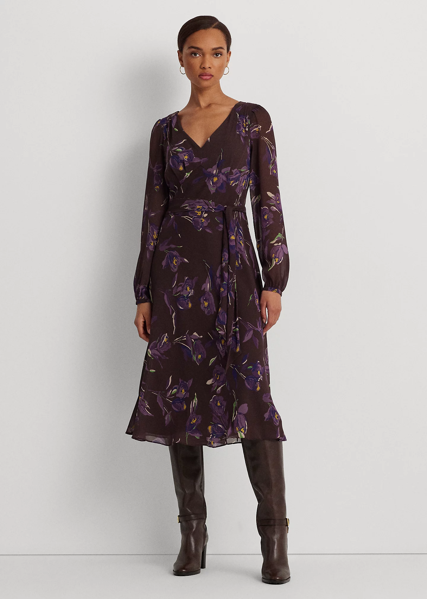 Floral Belted Crinkle Georgette Dress