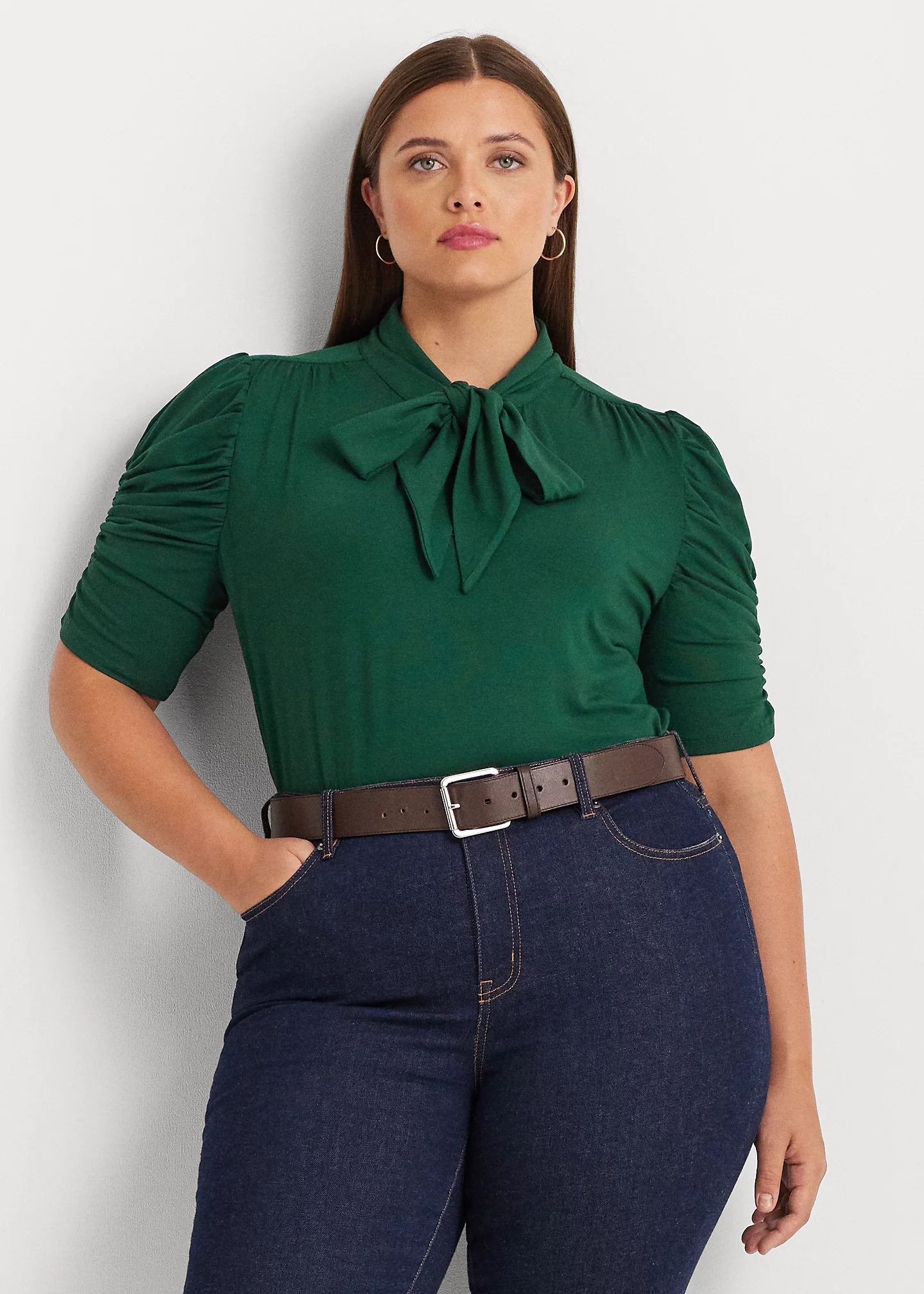 Jersey Puff-Sleeve Tie-Neck Top