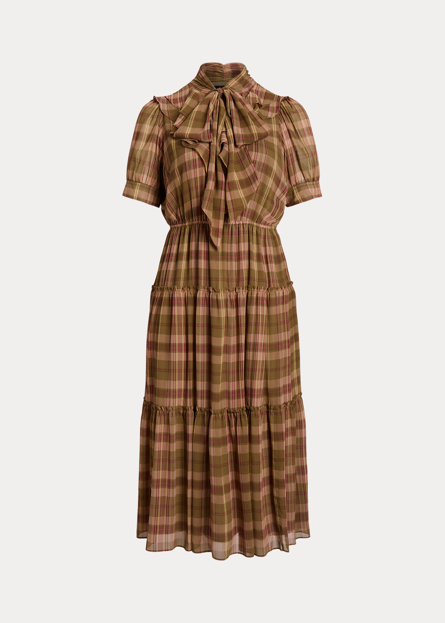 Plaid Crinkle Georgette Tie-Neck Dress