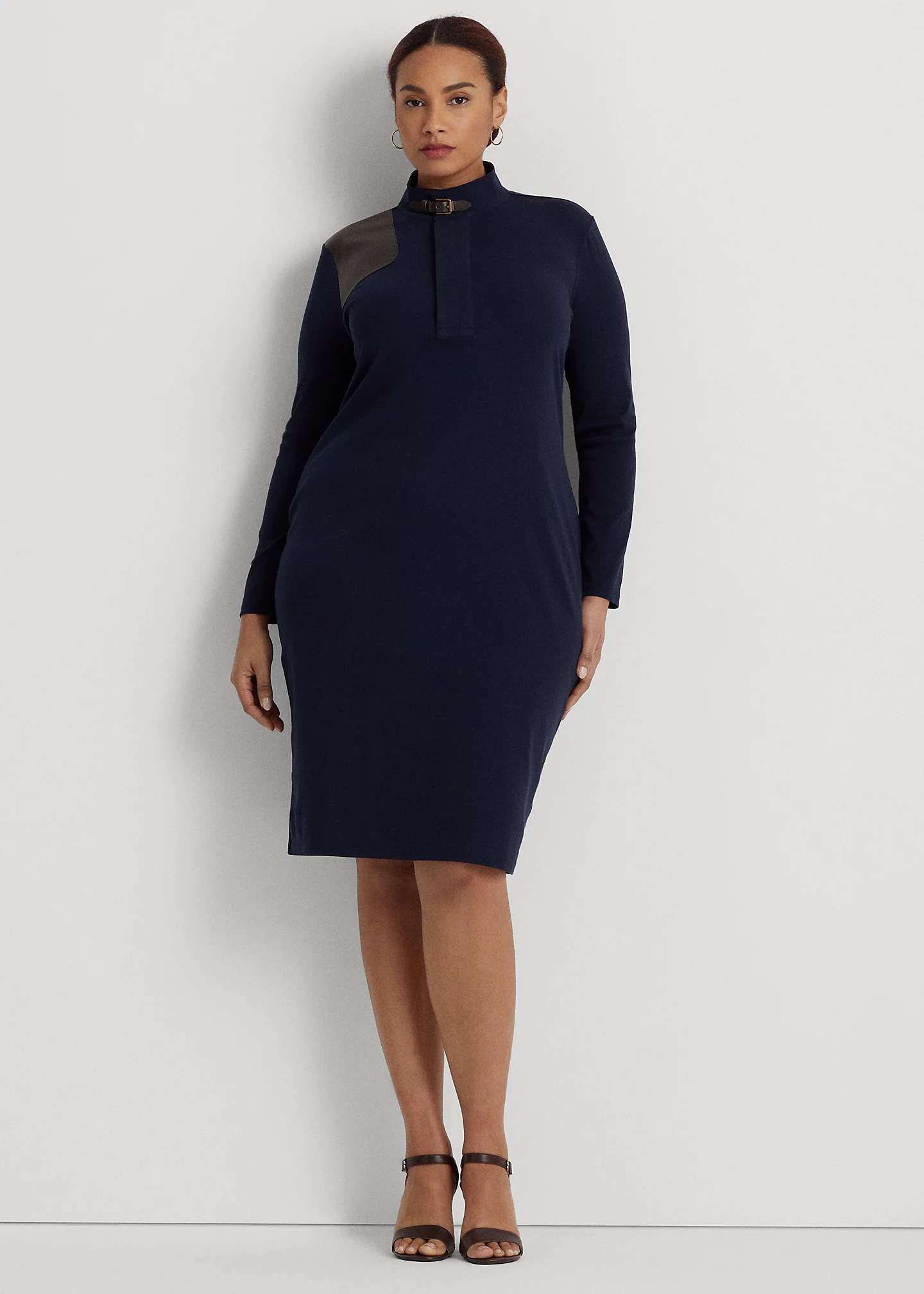 Faux-Leather-Trim Stretch-Cotton Dress