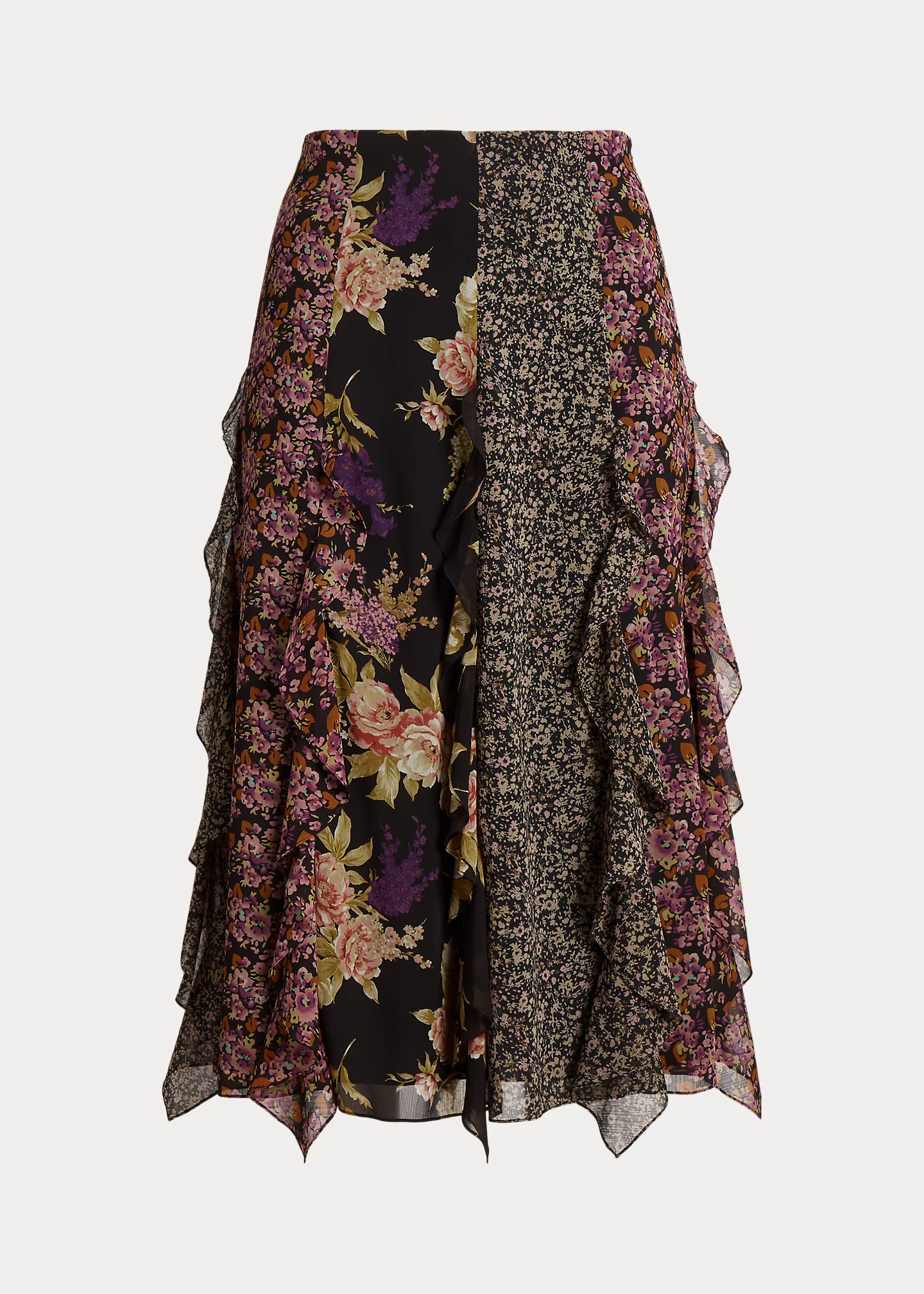 Mixed-Floral Ruffle-Trim Georgette Skirt