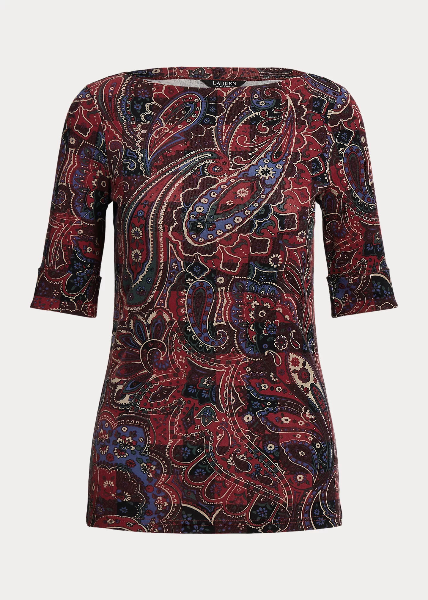 Checked Paisley Cotton Boatneck Tee