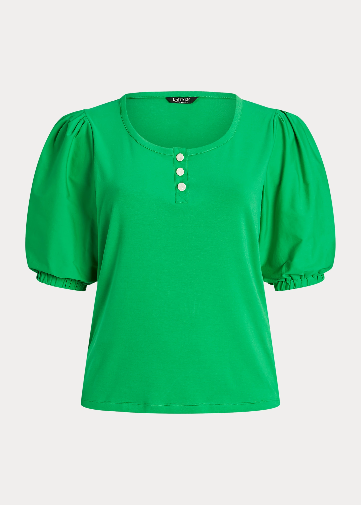 Stretch Cotton Puff-Sleeve Henley Tee