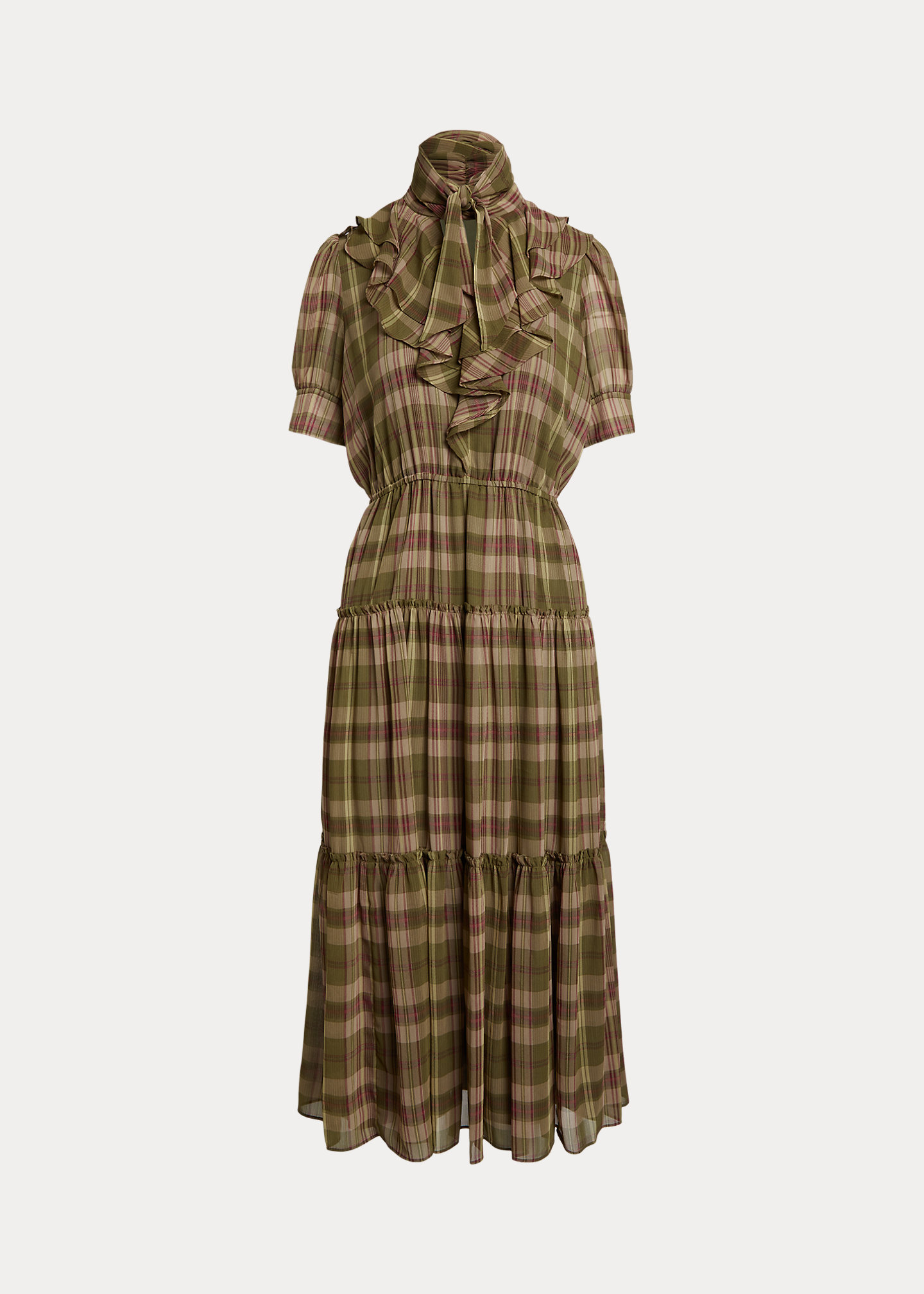 Plaid Crinkle Georgette Tie-Neck Dress