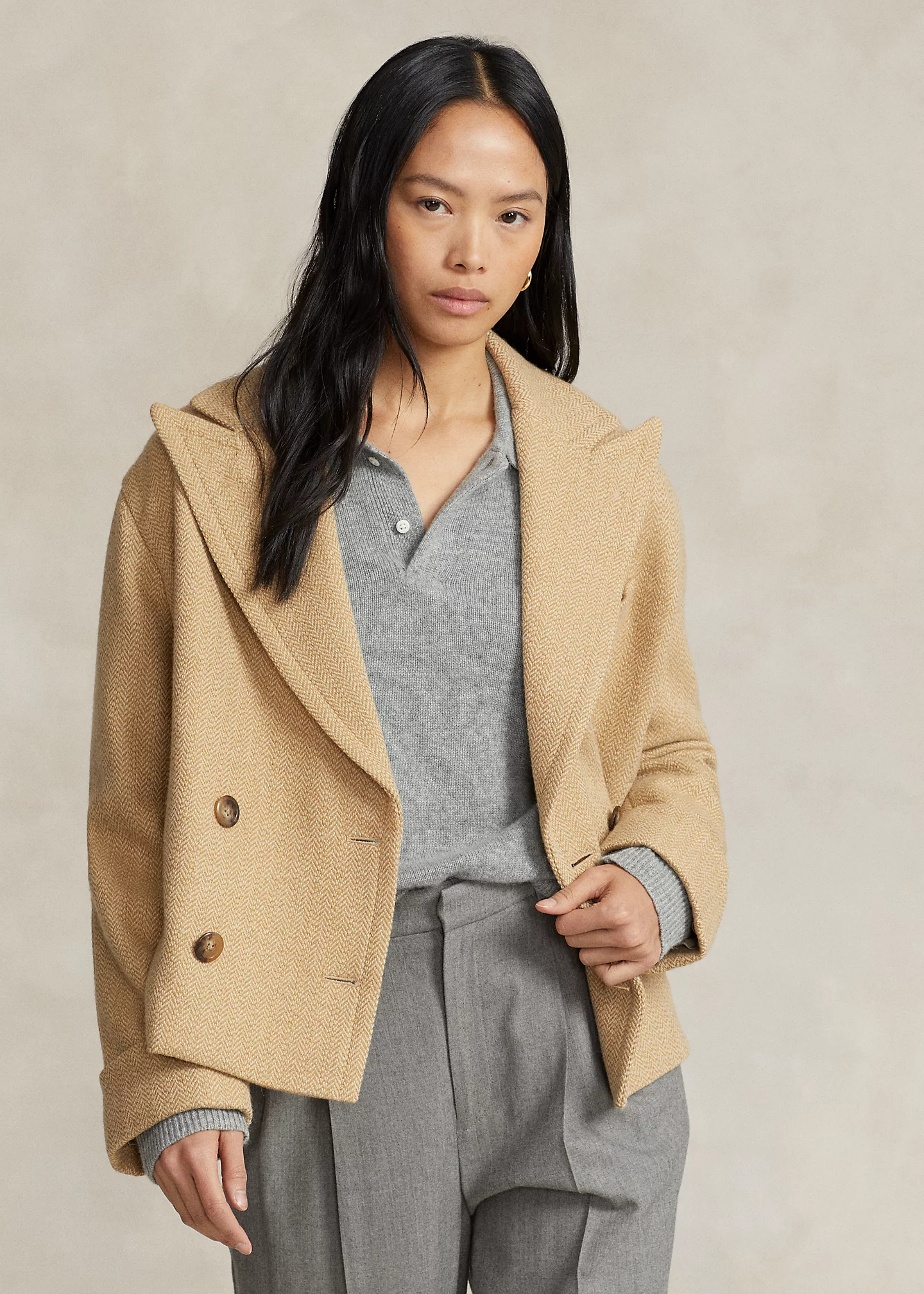 Boxy Fit Herringbone Polo Coat