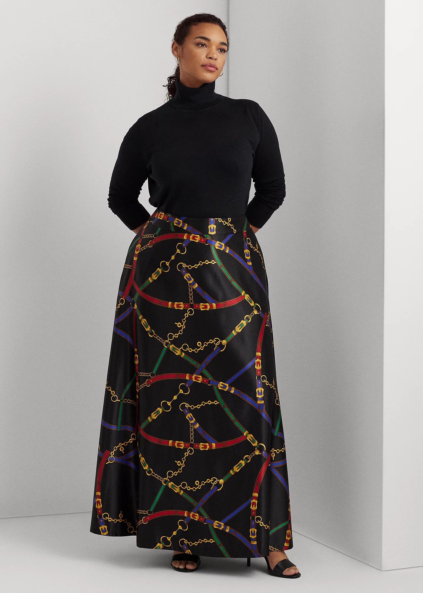 Belting-Print Satin Maxiskirt