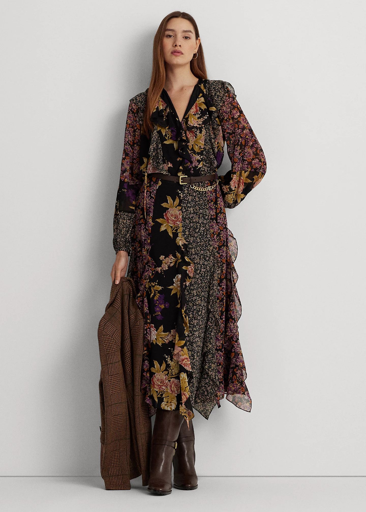 Mixed-Floral Ruffle-Trim Georgette Skirt