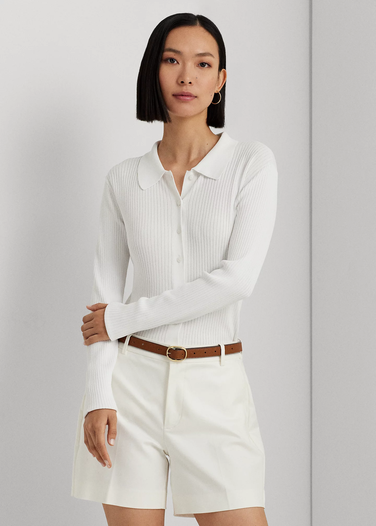 Rib-Knit Long-Sleeve Polo Cardigan