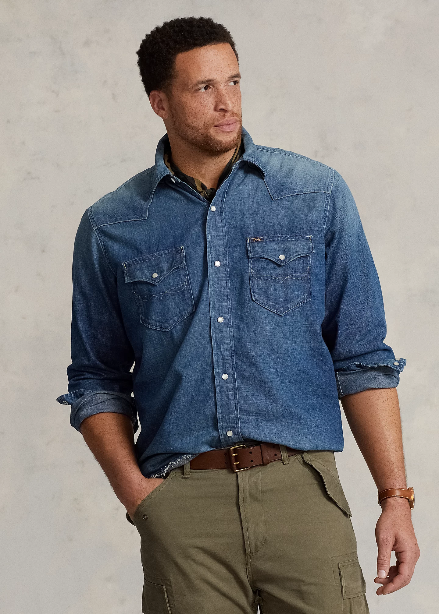 Frayed-Hem Denim Western Shirt