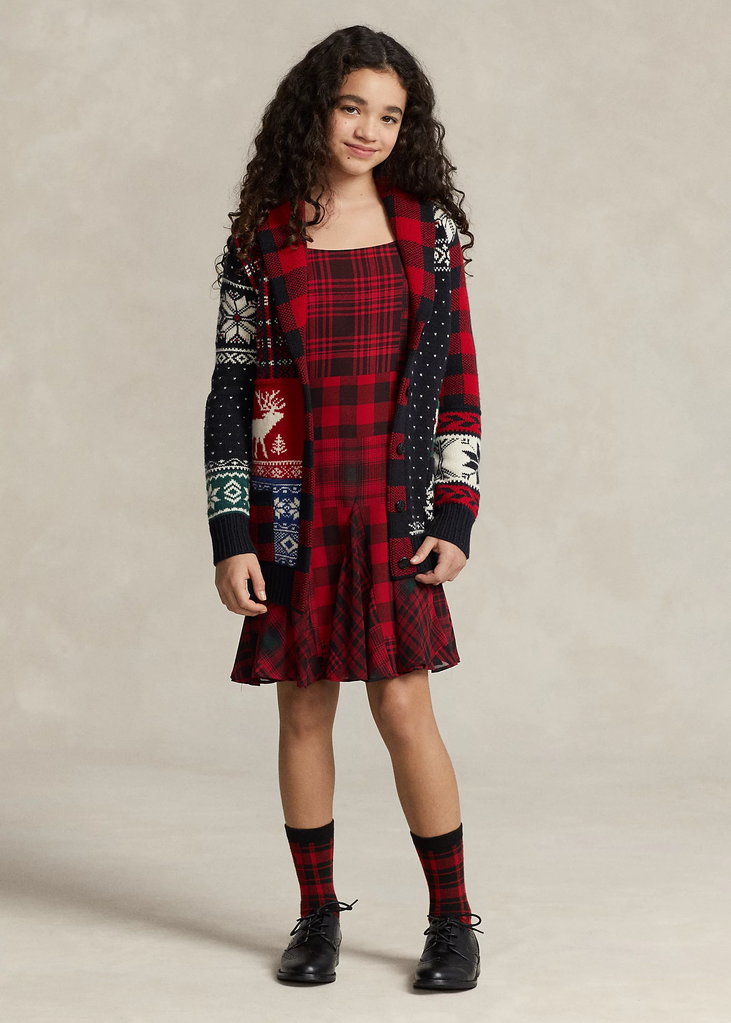 Mixed-Plaid Chiffon Dress