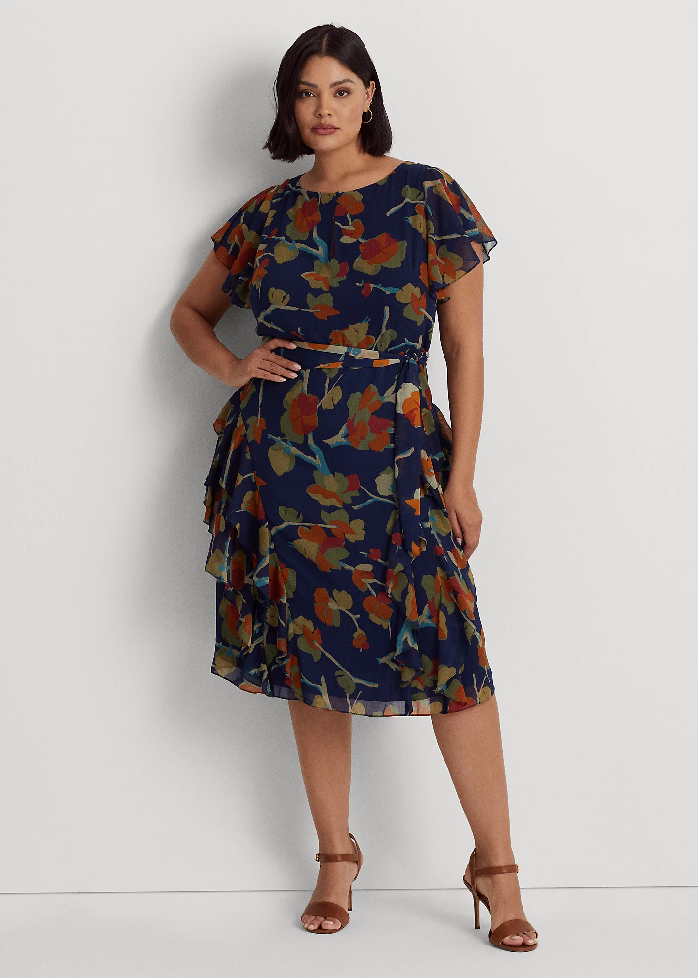 Floral Ruffle-Trim Georgette Dress