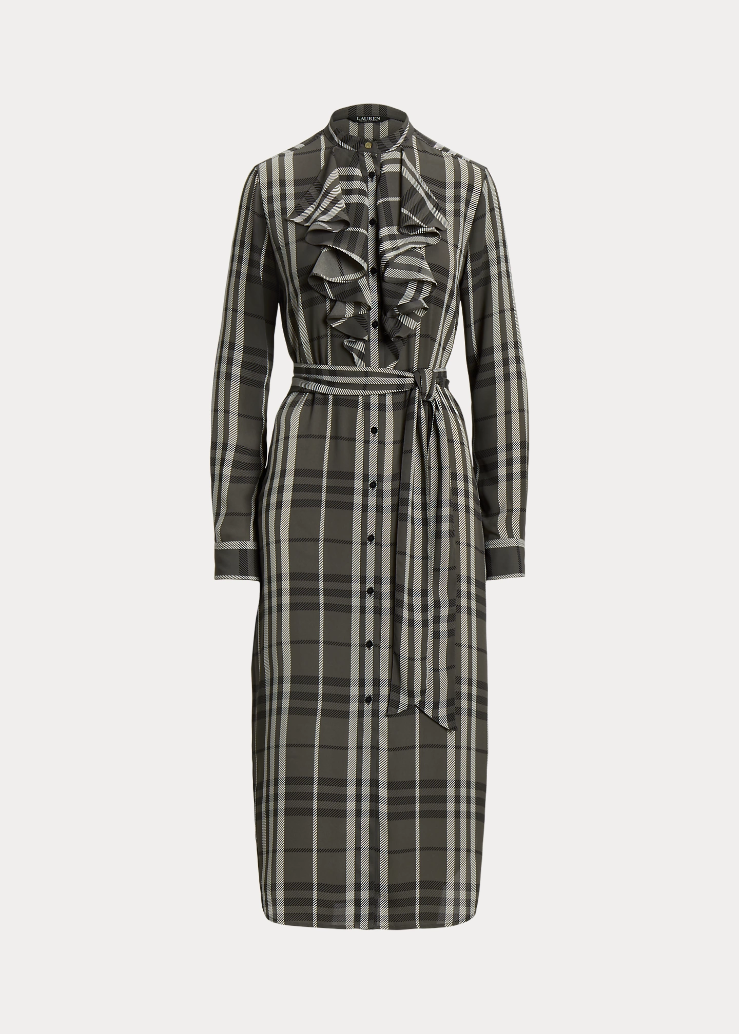 Plaid Ruffle-Trim Georgette Shirtdress