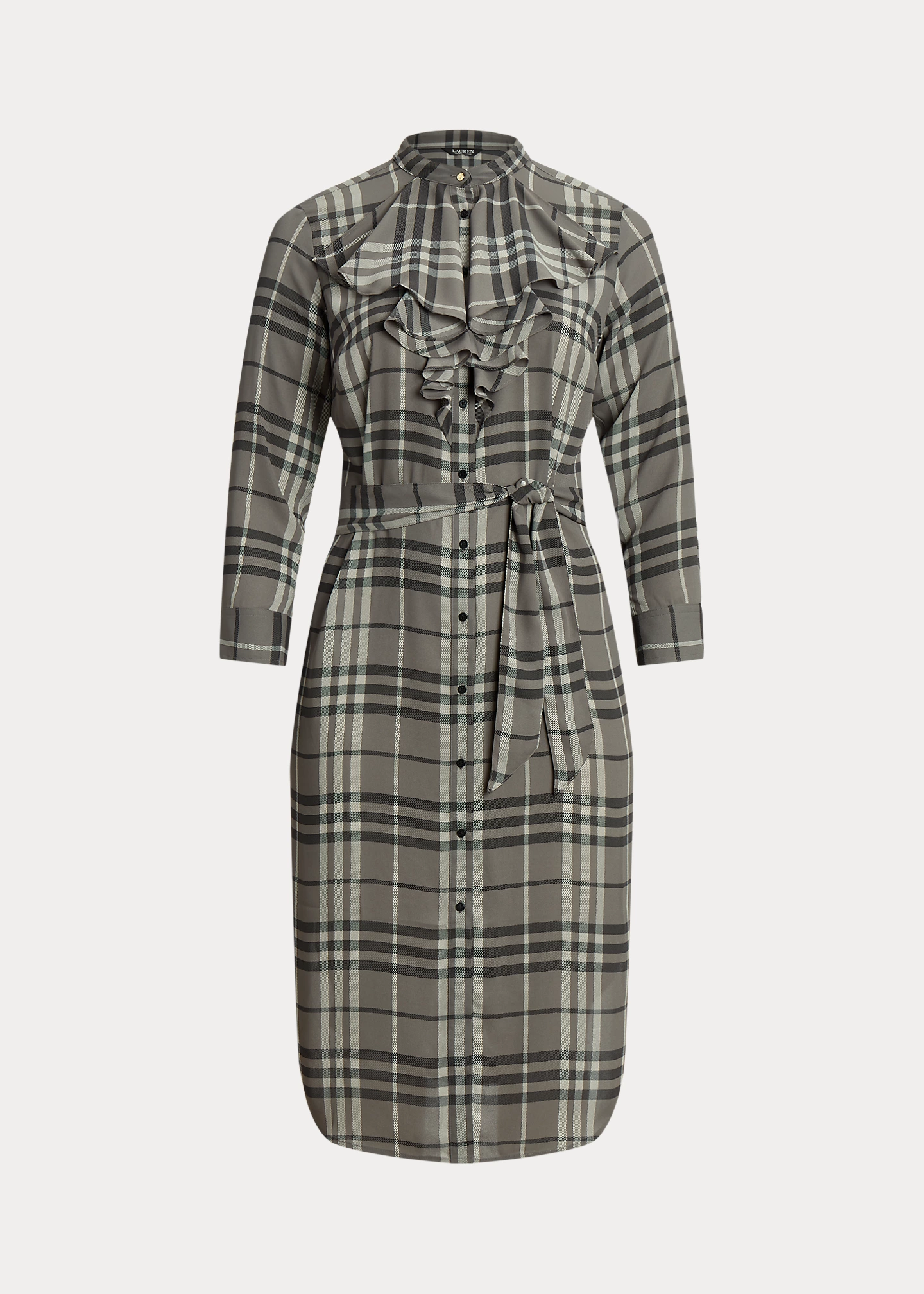 Plaid Ruffle-Trim Georgette Shirtdress