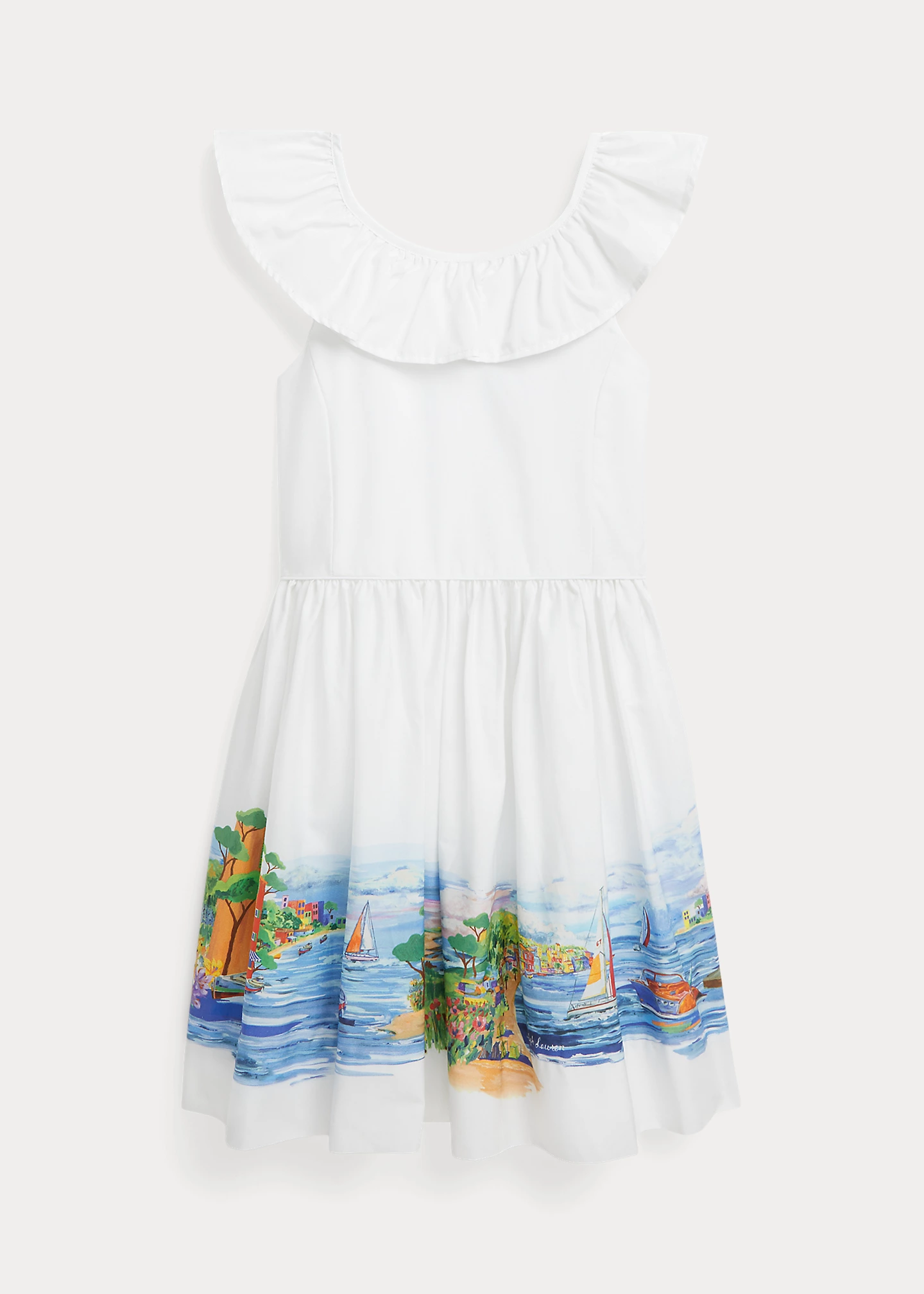 Seaside-Print Ruffled Cotton Dress