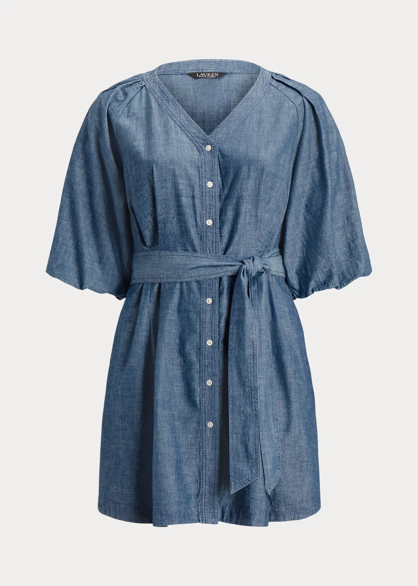Belted Denim Bubble-Sleeve Shirtdress