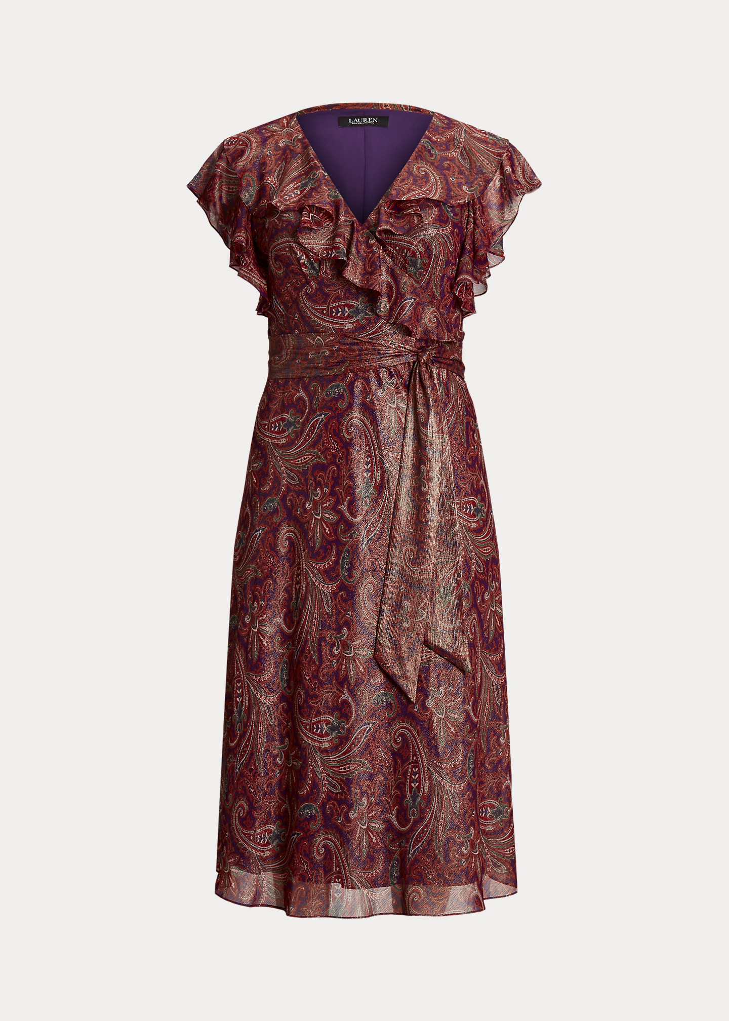 Print Ruffle-Trim Metallic Chiffon Dress