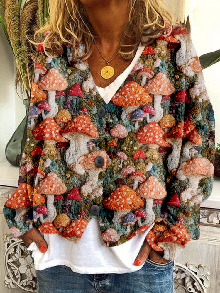 Cute Mushrooms Embroidery Art Cozy Cardigan