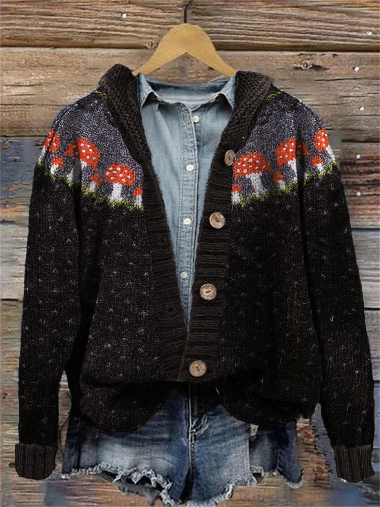 Forest Mushroom Inspired Cozy Knit Hooded Cardigan