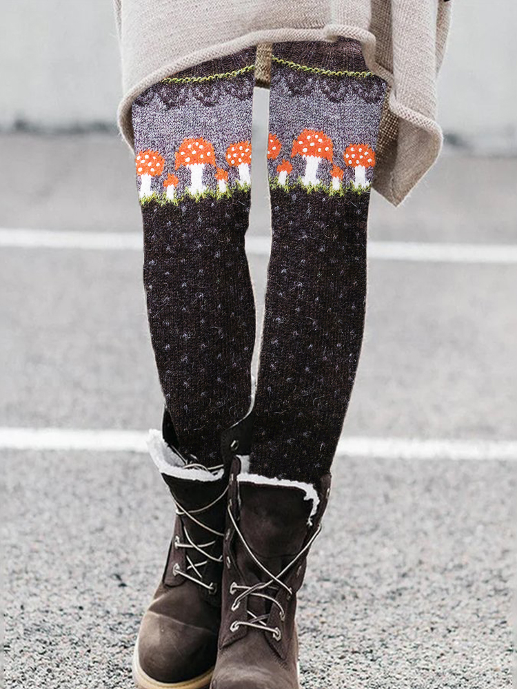 Forest Mushroom Knit Art Cozy Leggings